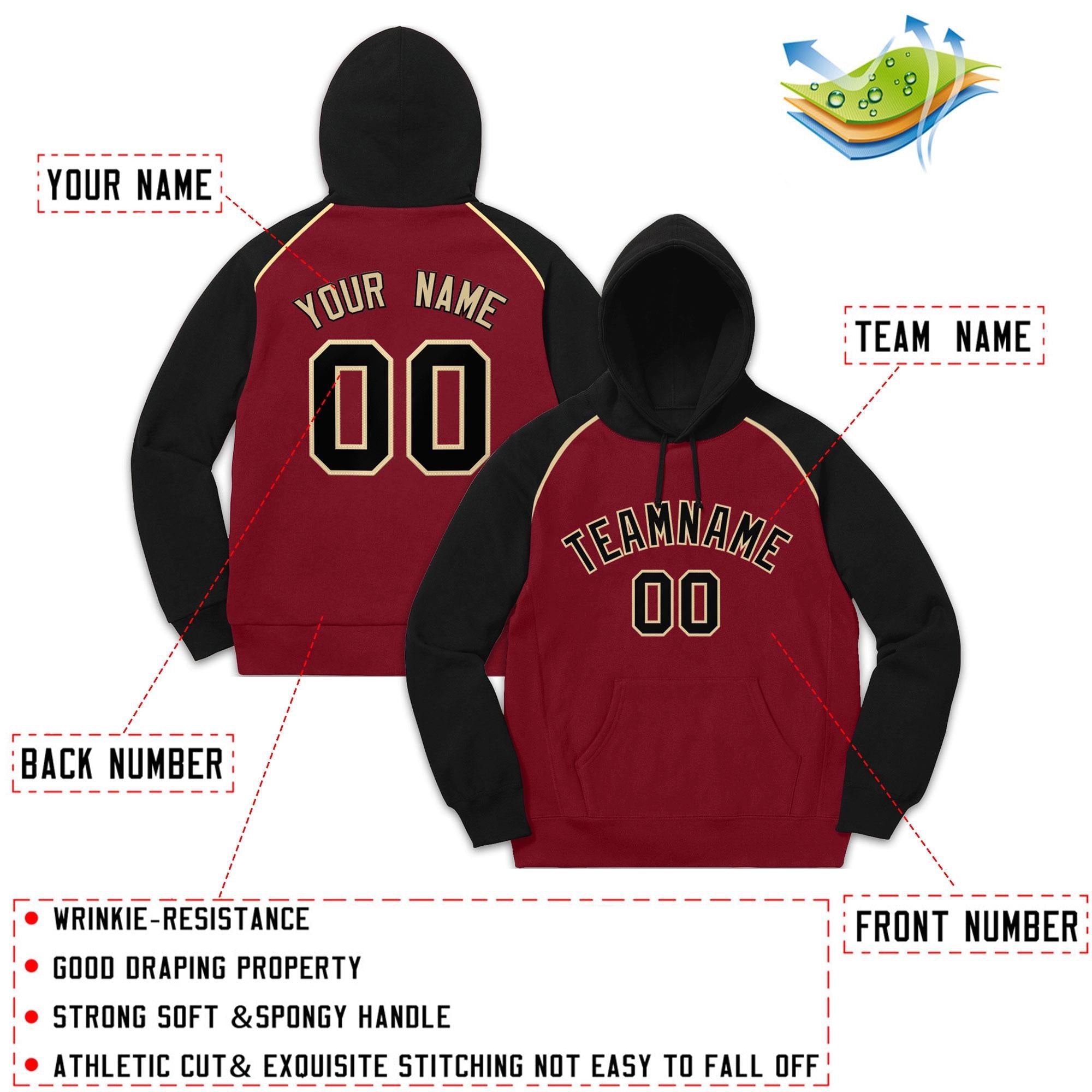 Custom Stitched Sportwear Crimson Black-Khaki Raglan Sleeves Pullover Hoodie