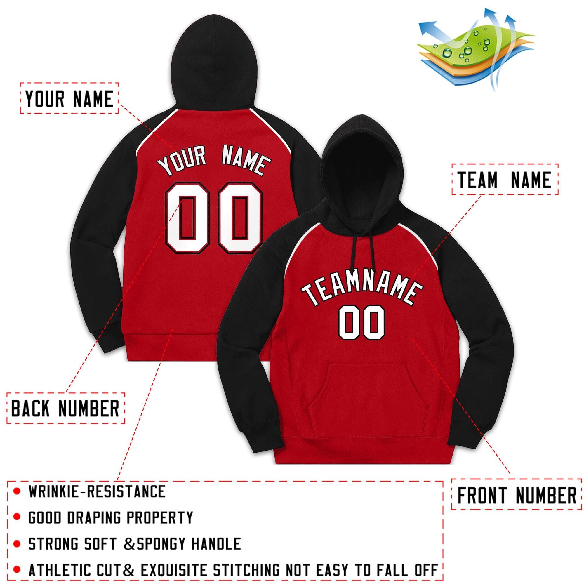 Custom Stitched Sportwear Red White-Black Raglan Sleeves Pullover Hoodie