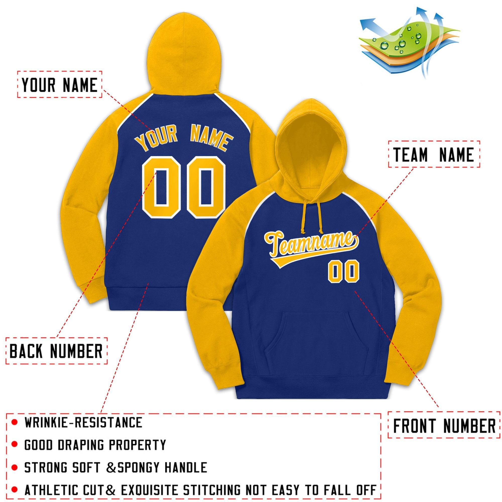 Custom Stitched Sportwear Royal Gold-White Raglan Sleeves Pullover Hoodie