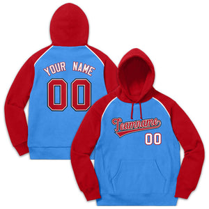 Custom Stitched Sportwear Powder Blue Red Raglan Sleeves Pullover Hoodie