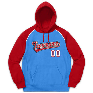 Custom Stitched Sportwear Powder Blue Red Raglan Sleeves Pullover Hoodie