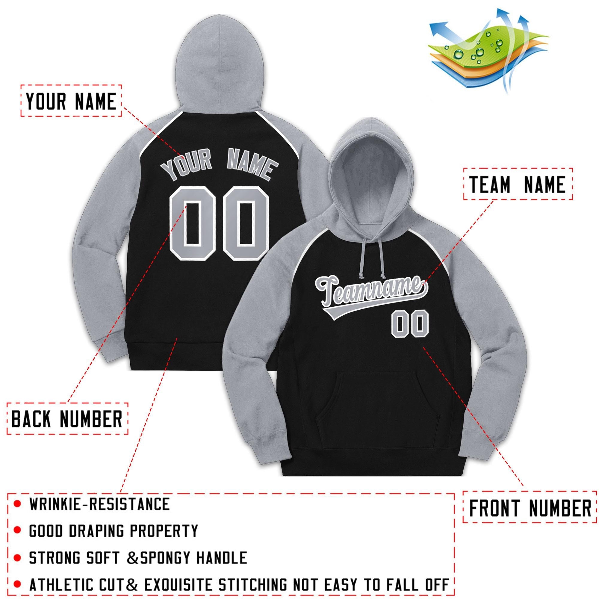 Custom Stitched Sportwear Black Gray-White Raglan Sleeves Pullover Hoodie