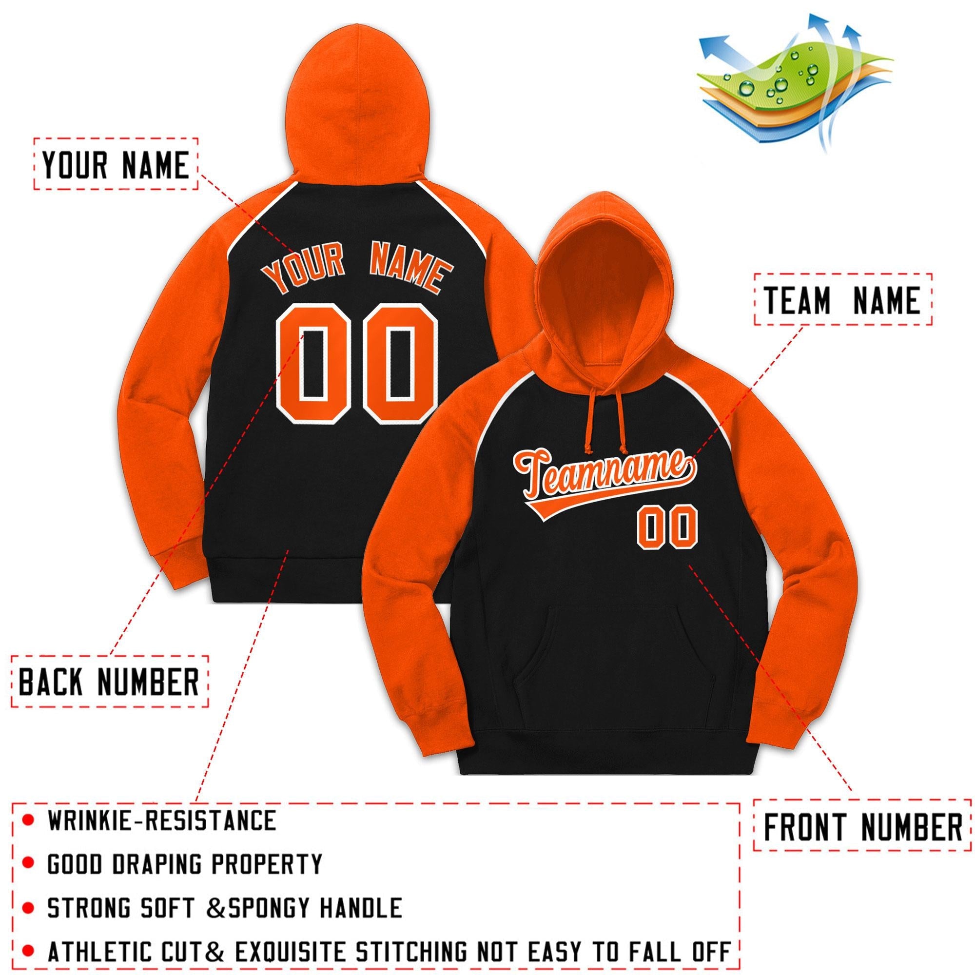 Custom Stitched Sportwear Black Orange-White Raglan Sleeves Pullover Hoodie