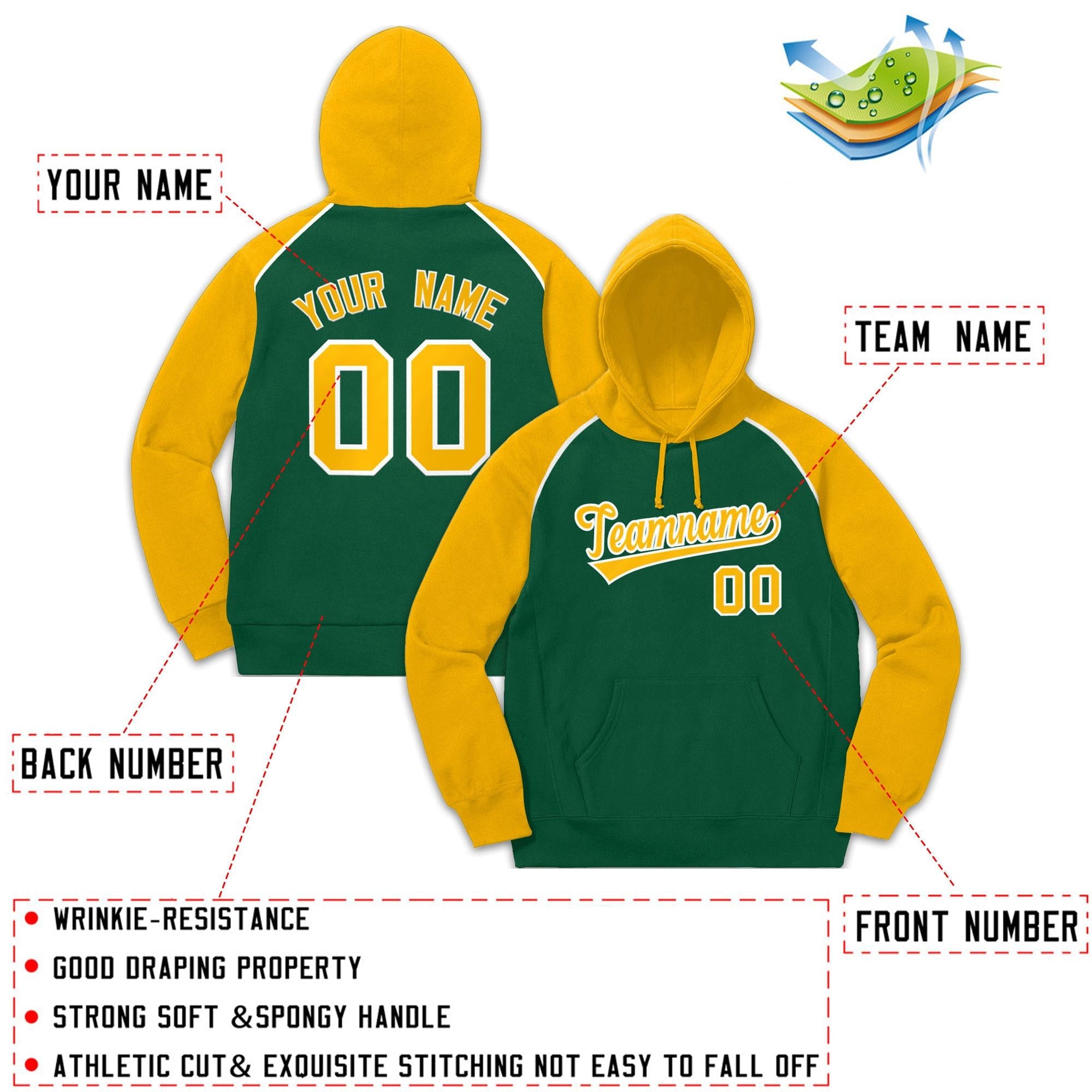 Custom Stitched Sportwear Green Gold-White Raglan Sleeves Pullover Hoodie