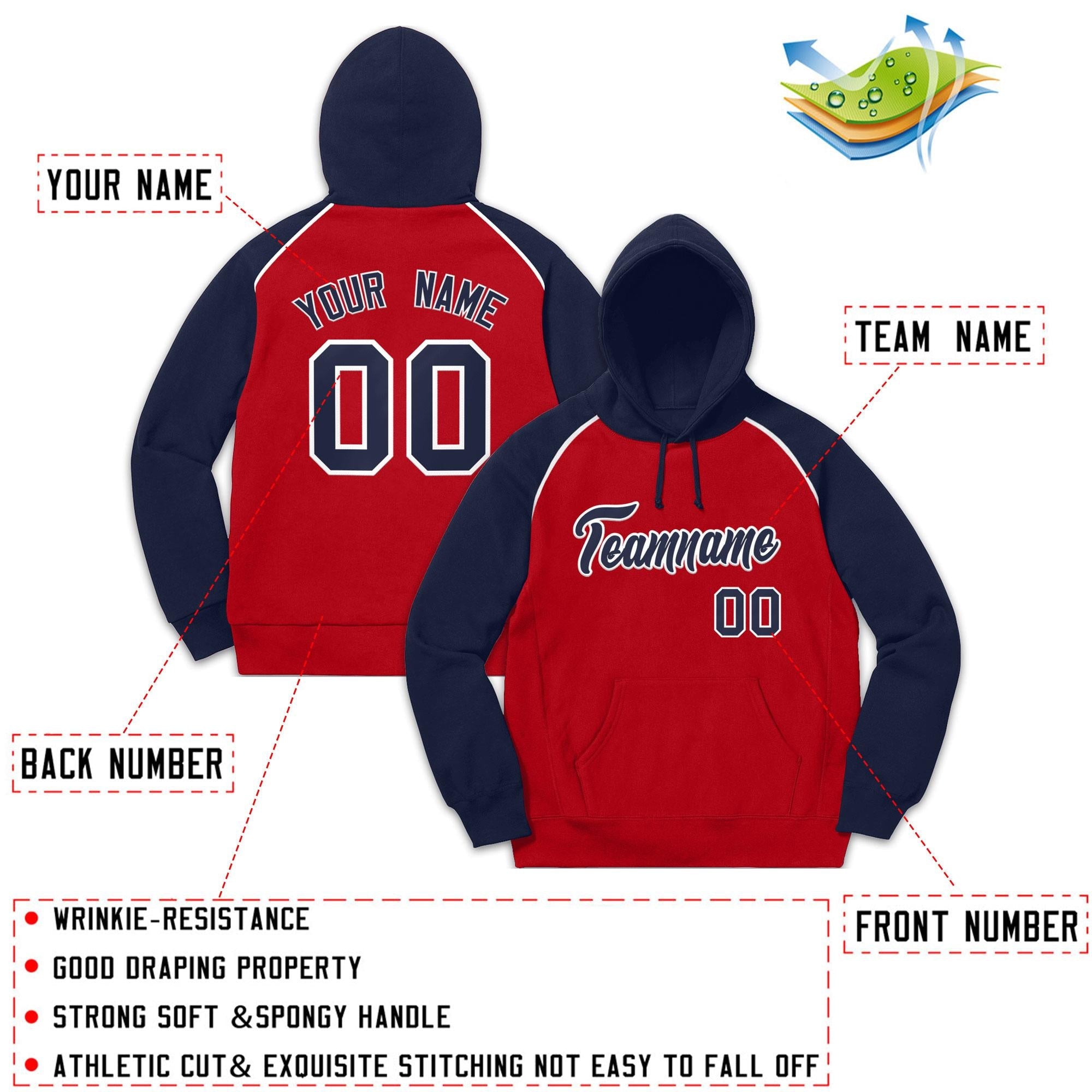 Custom Stitched Sportwear Red Navy-White Raglan Sleeves Pullover Hoodie