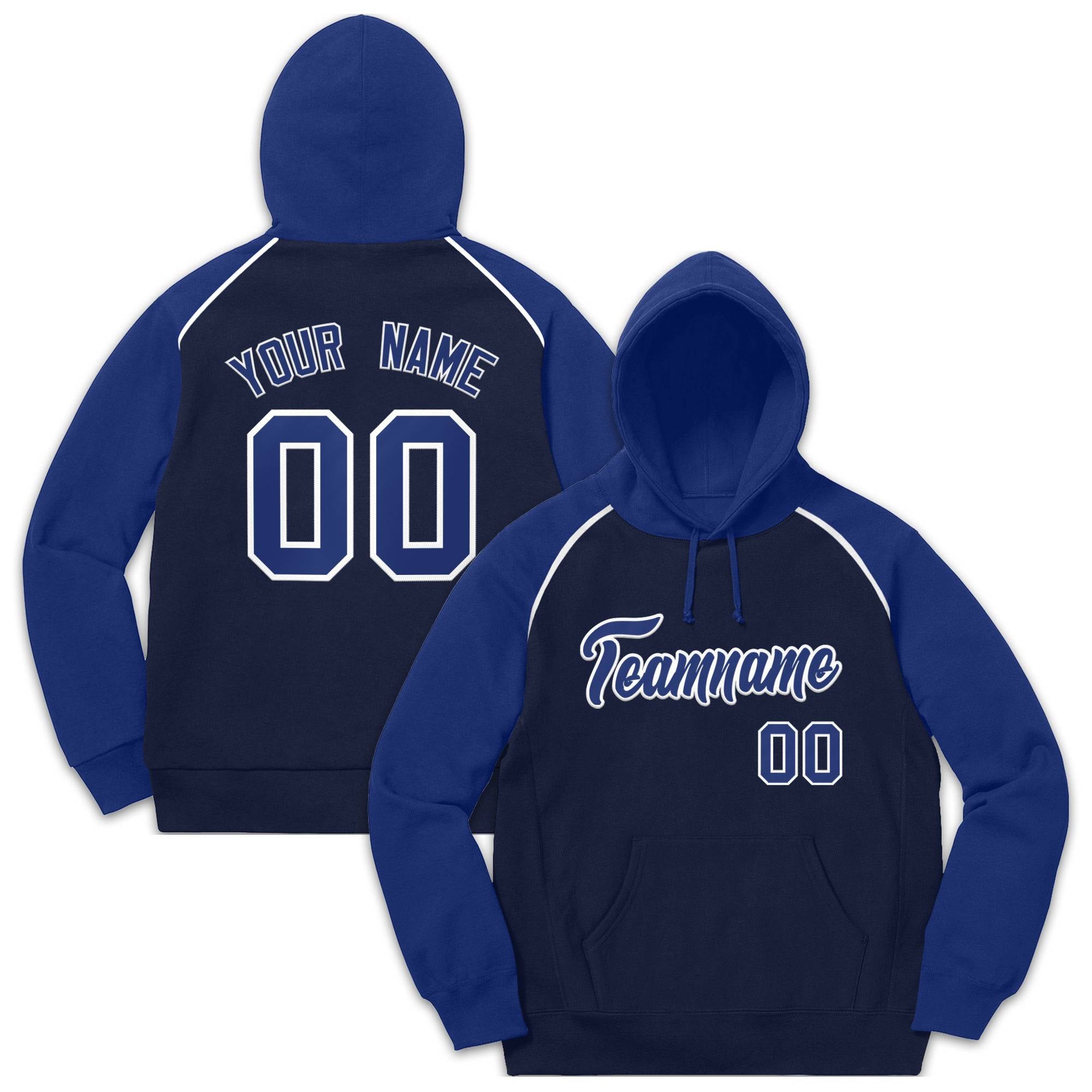 Custom Stitched Sportwear Navy Royal-White Raglan Sleeves Pullover Hoodie