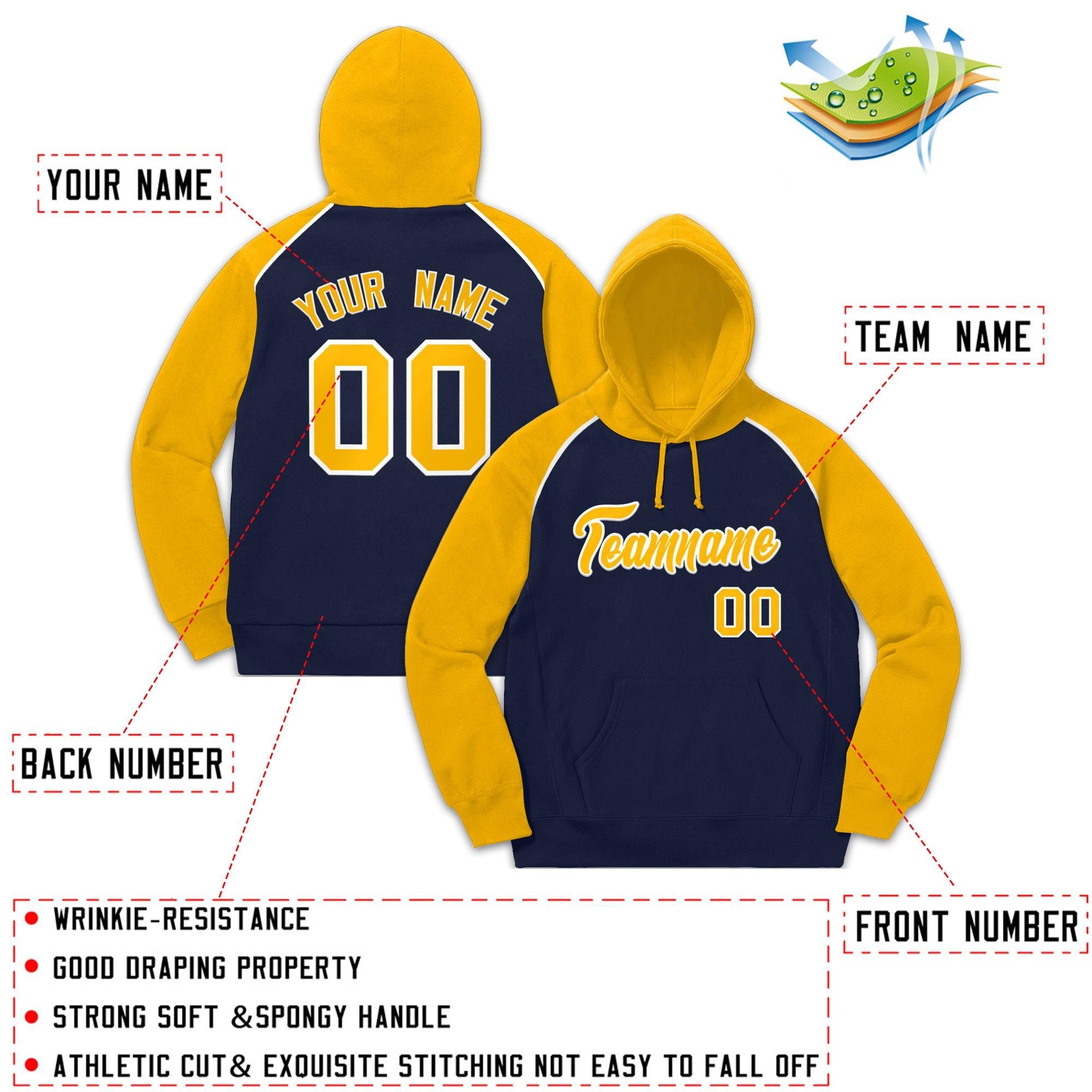 Custom Stitched Sportwear Navy Gold-White Raglan Sleeves Pullover Hoodie