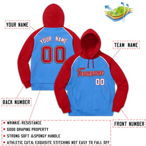 Custom Stitched Sportwear Powder Blue Red Raglan Sleeves Pullover Hoodie