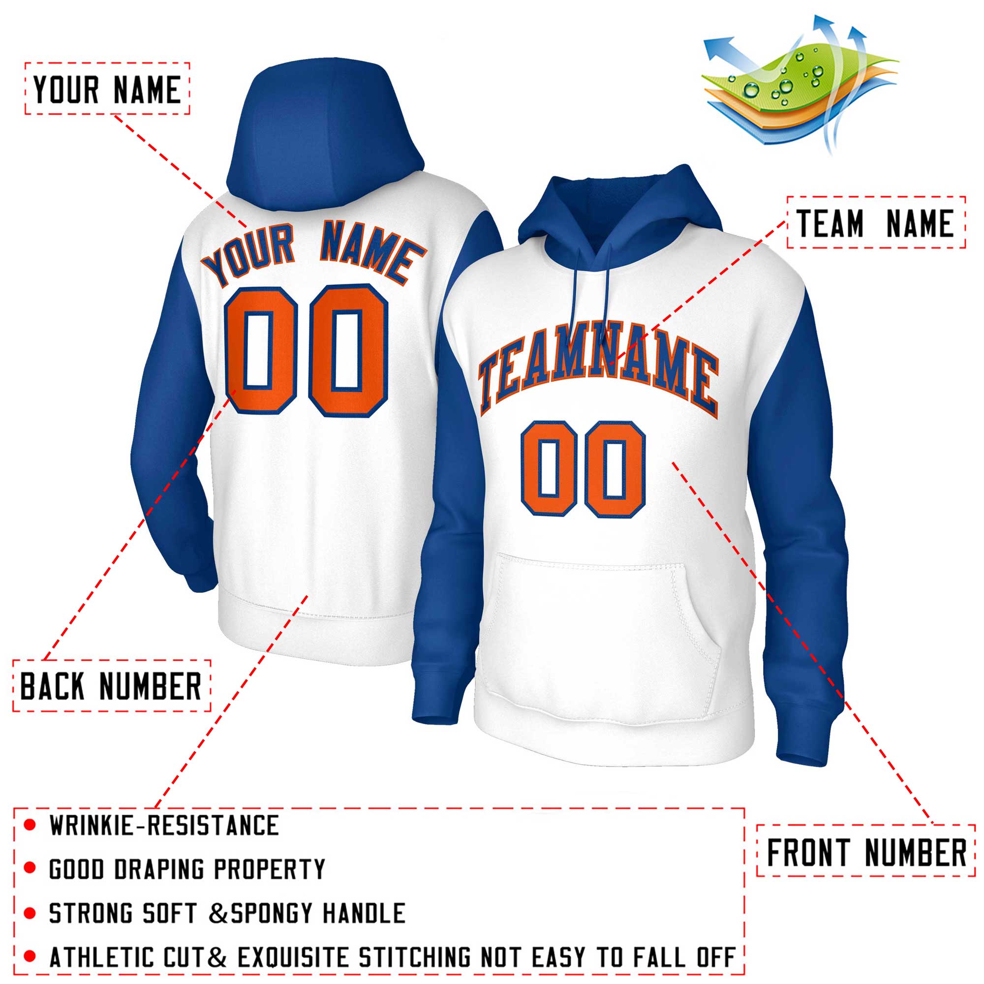 Custom White Royal-Orange Raglan Sleeves Stitched Sportwear Pullover Hoodie