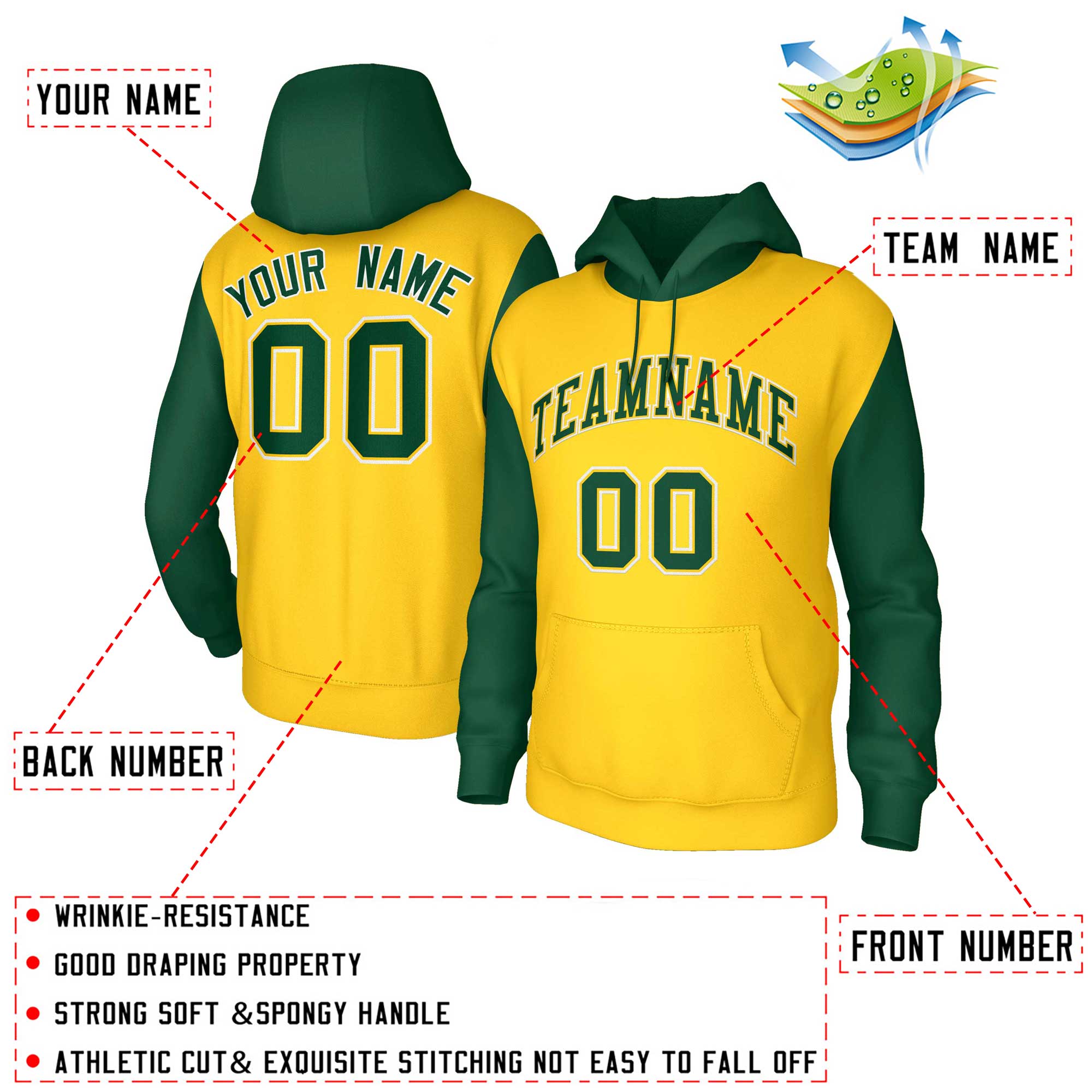 Custom Gold Green-Gold Raglan Sleeves Stitched Sportwear Pullover Hoodie