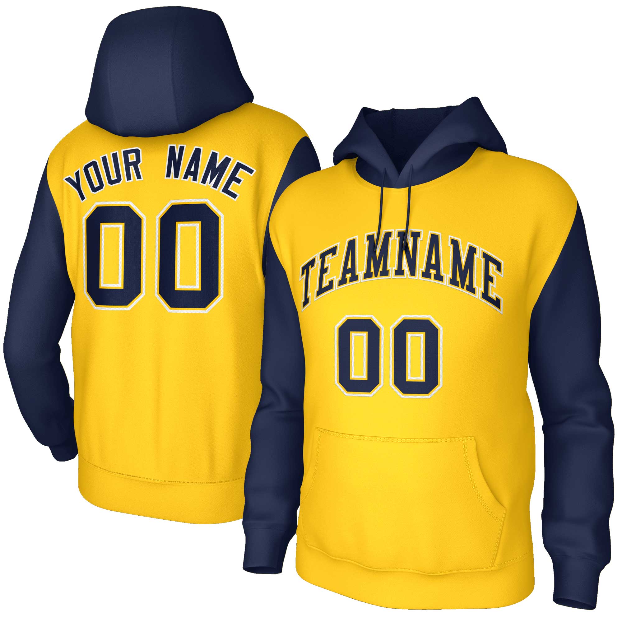 Custom Gold Navy-Gold Raglan Sleeves Stitched Sportwear Pullover Hoodie