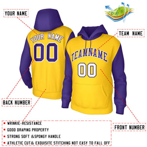 Custom Gold Purple-White Raglan Sleeves Stitched Sportwear Pullover Hoodie