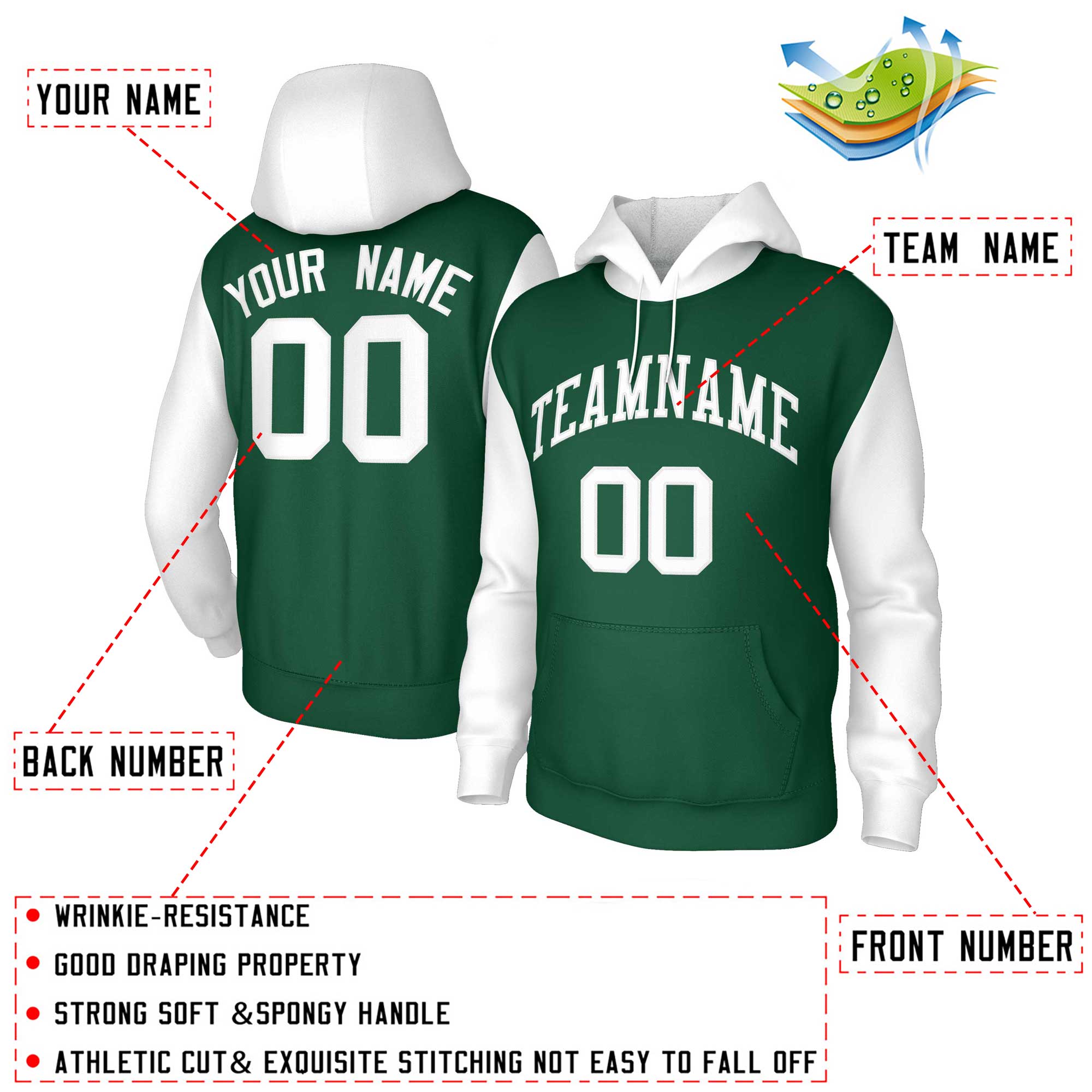 Custom Green White-Raglan Sleeves Stitched Sportwear Pullover Hoodie