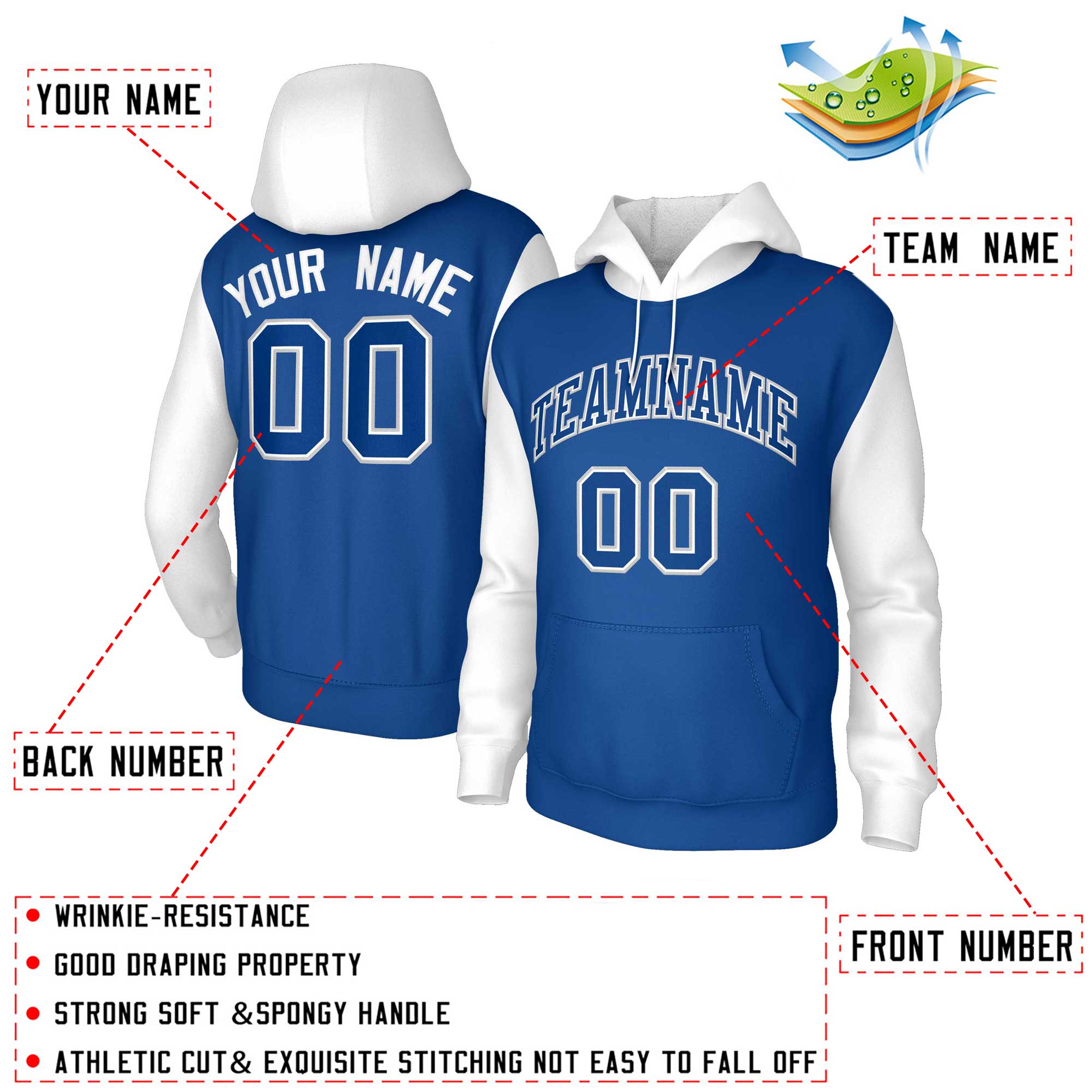 Custom Royal Royal-White Raglan Sleeves Stitched Sportwear Pullover Hoodie