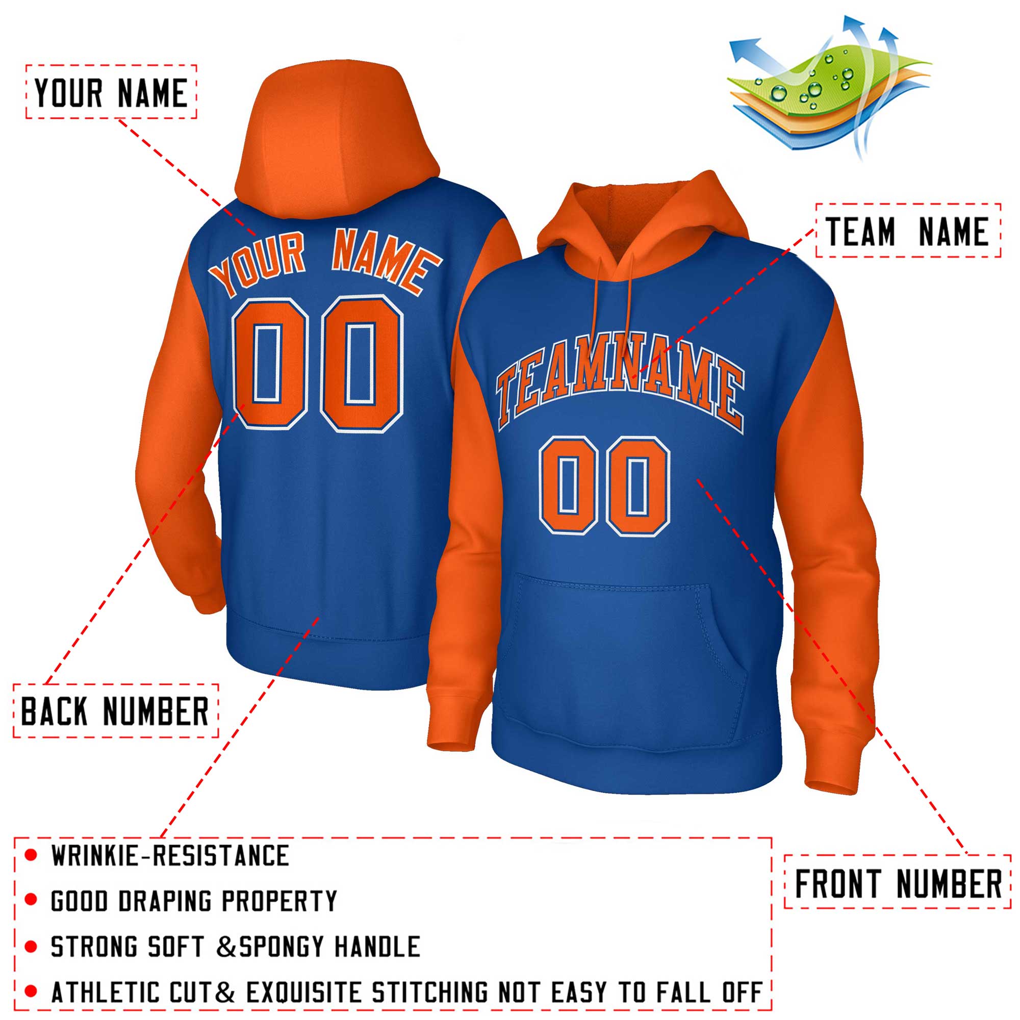 Custom Royal Orange-Royal Raglan Sleeves Stitched Sportwear Pullover Hoodie