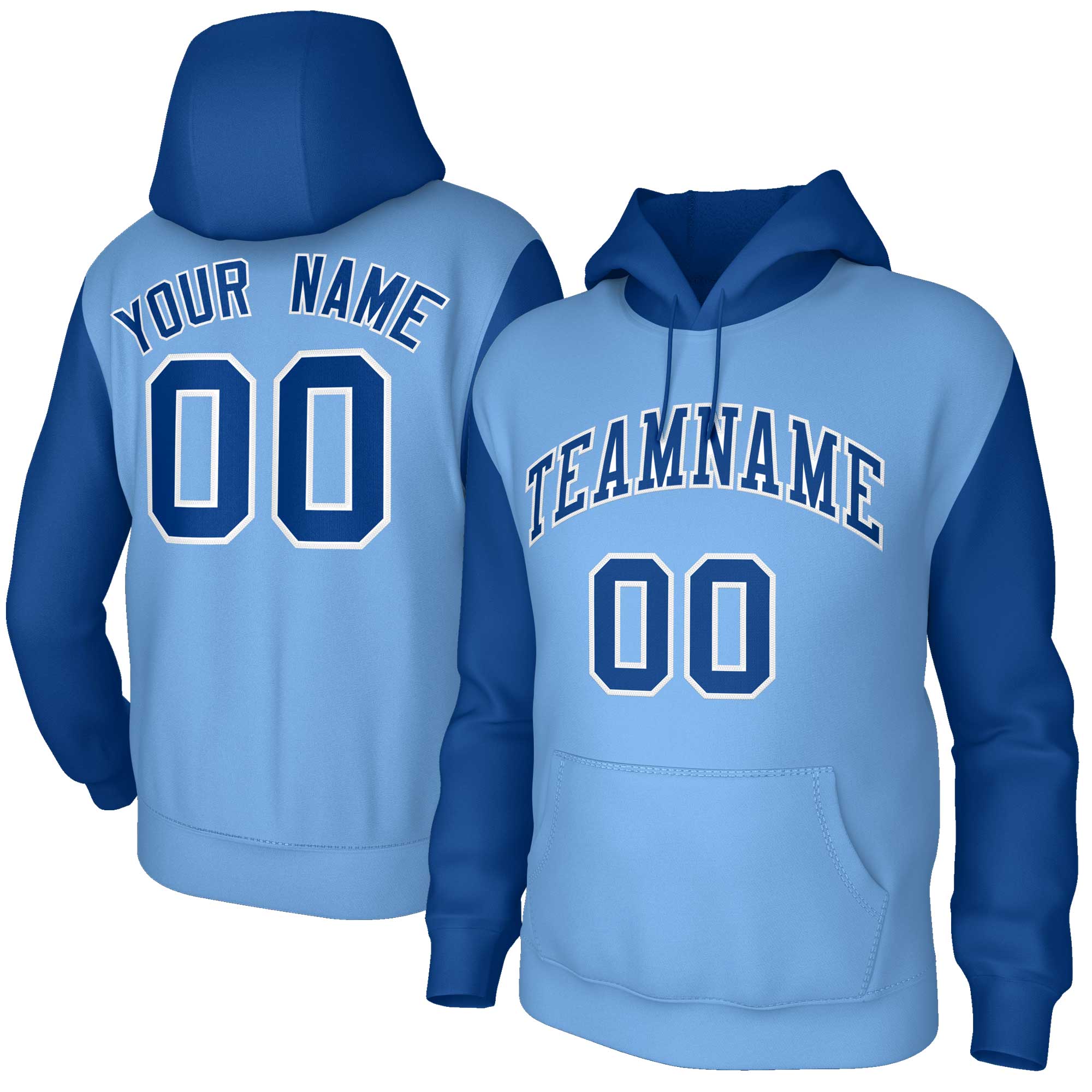 Custom Light Blue Royal-White Raglan Sleeves Stitched Sportwear Pullover Hoodie