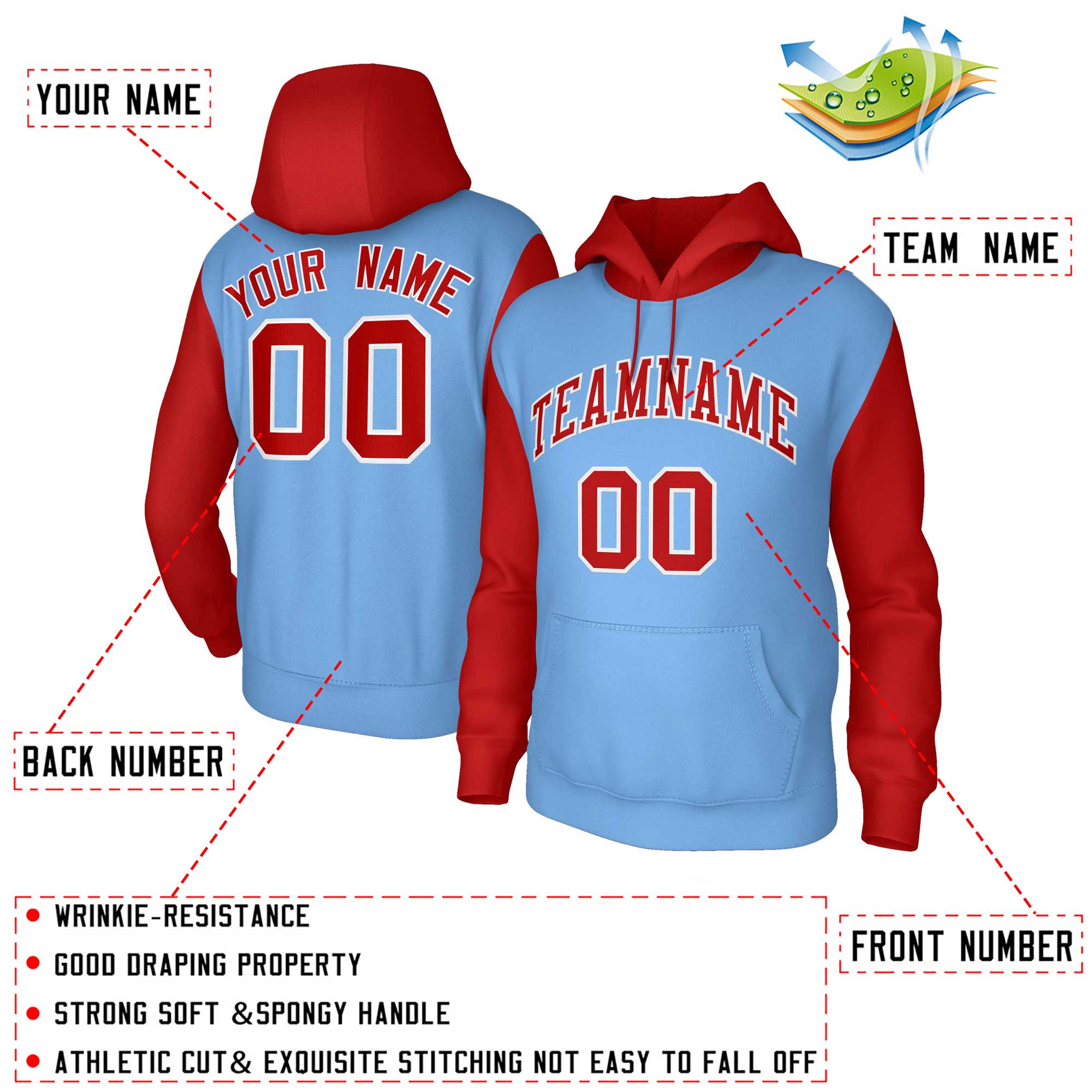 Custom Light Blue Red-White Raglan Sleeves Stitched Sportwear Pullover Hoodie