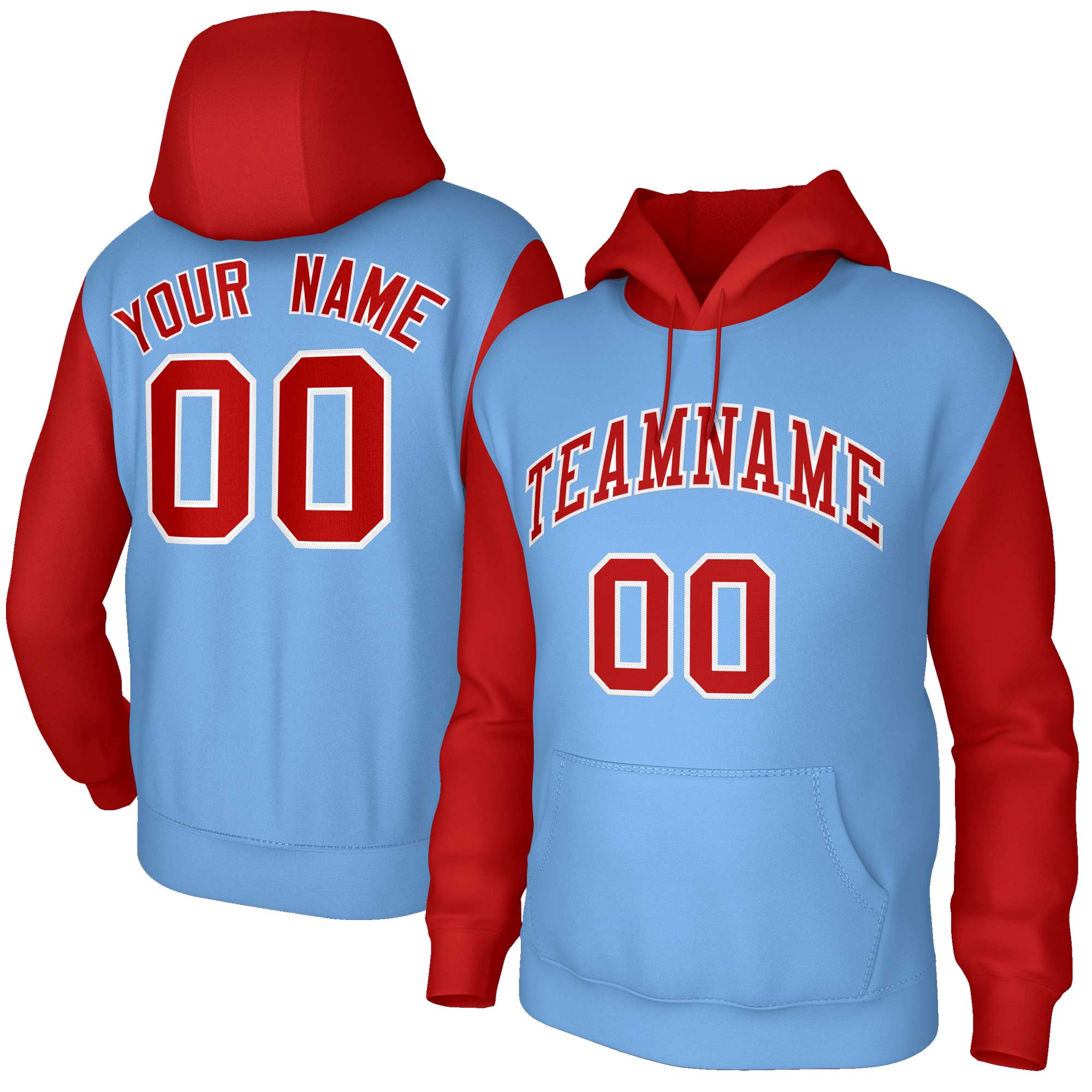 Custom Light Blue Red-White Raglan Sleeves Stitched Sportwear Pullover Hoodie