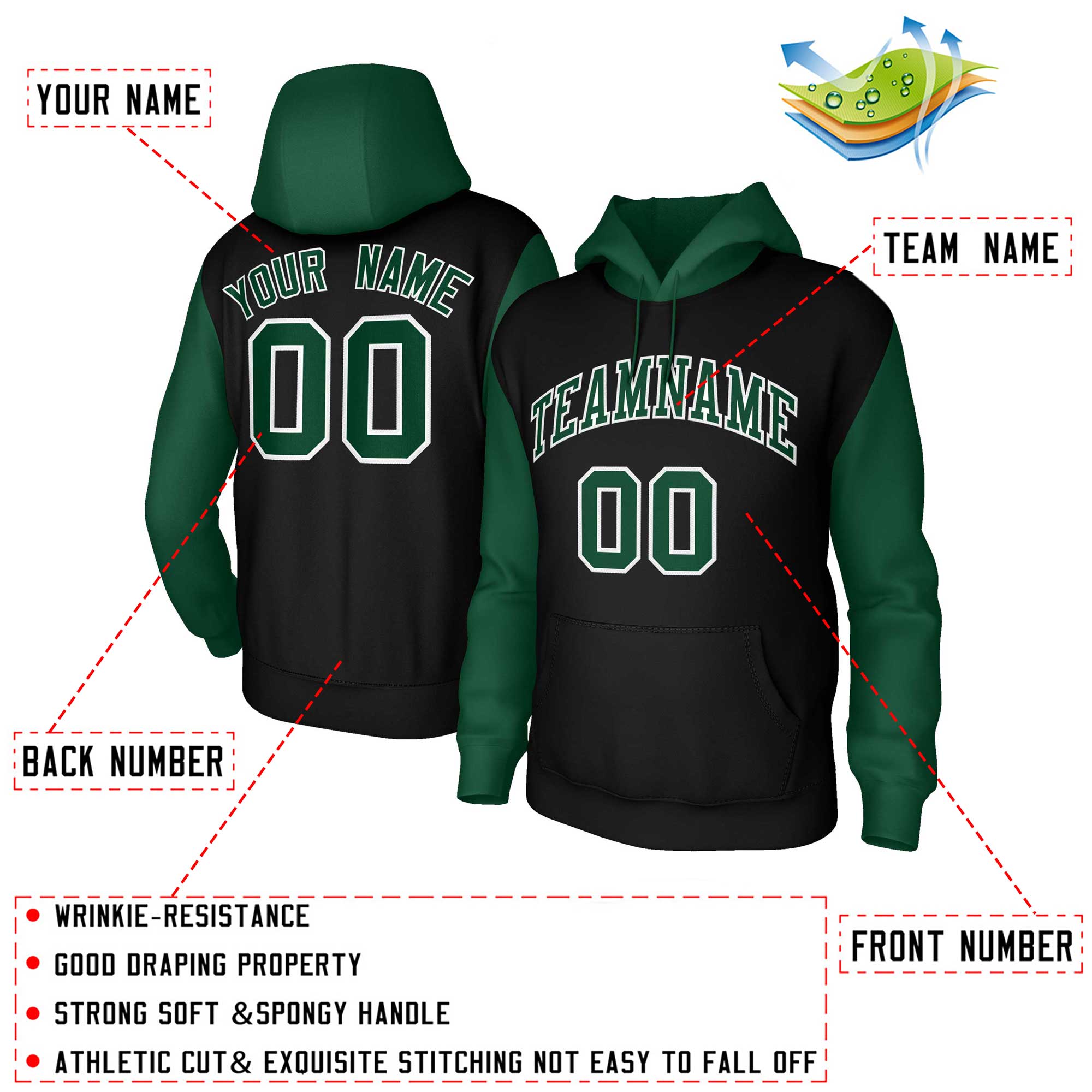 Custom Black Green-White Raglan Sleeves Stitched Sportwear Pullover Hoodie