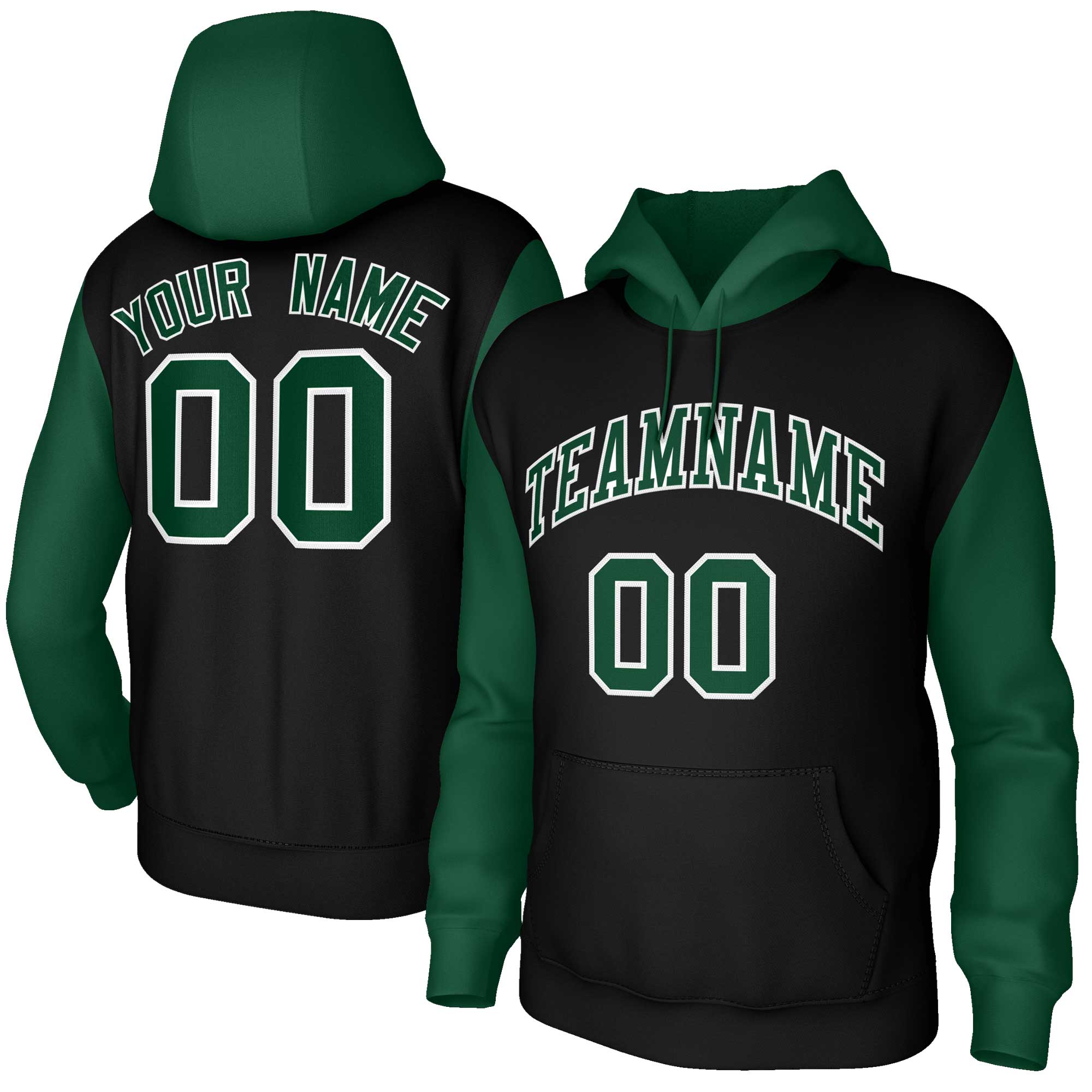 Custom Black Green-White Raglan Sleeves Stitched Sportwear Pullover Hoodie