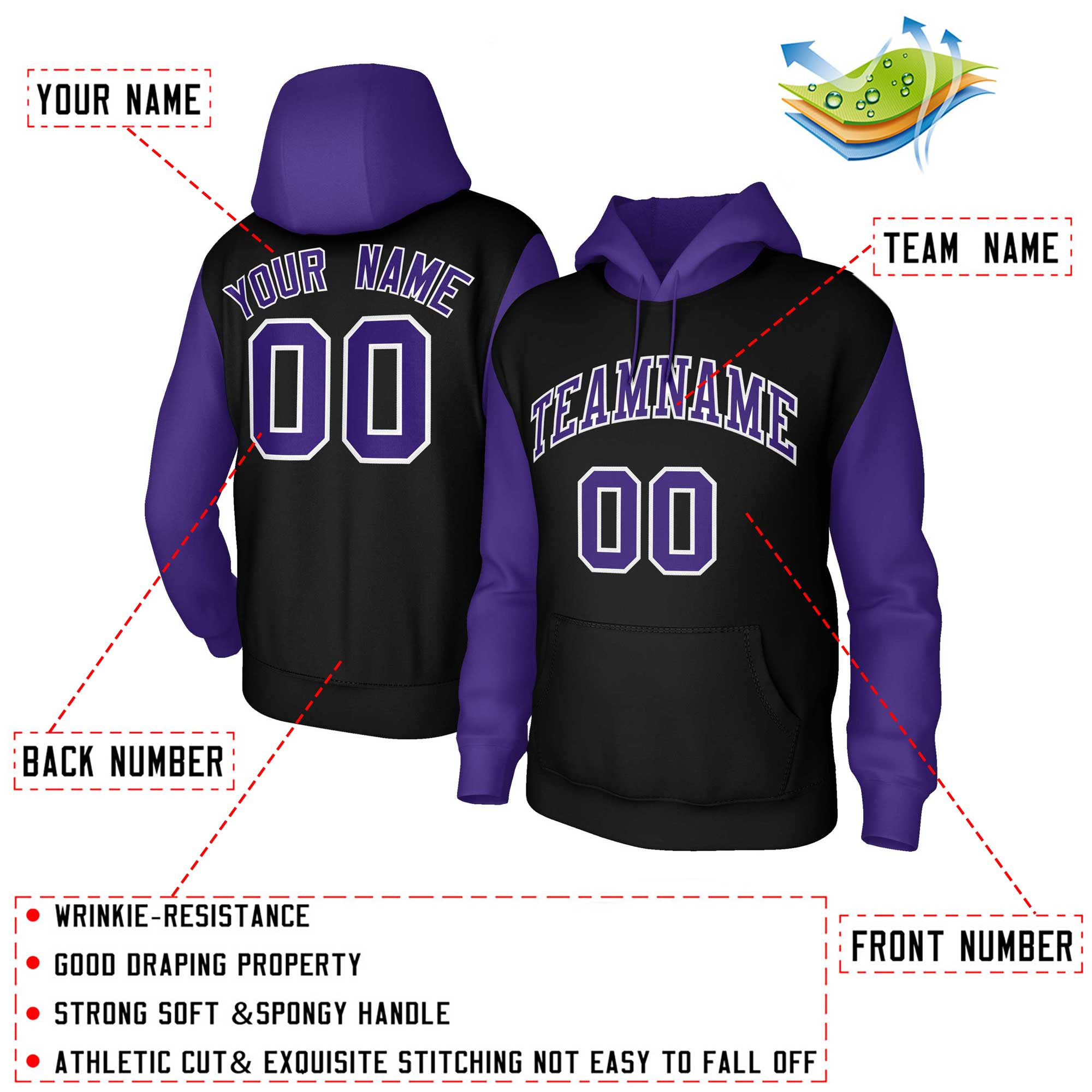 Custom Black Purple-White Raglan Sleeves Stitched Sportwear Pullover Hoodie