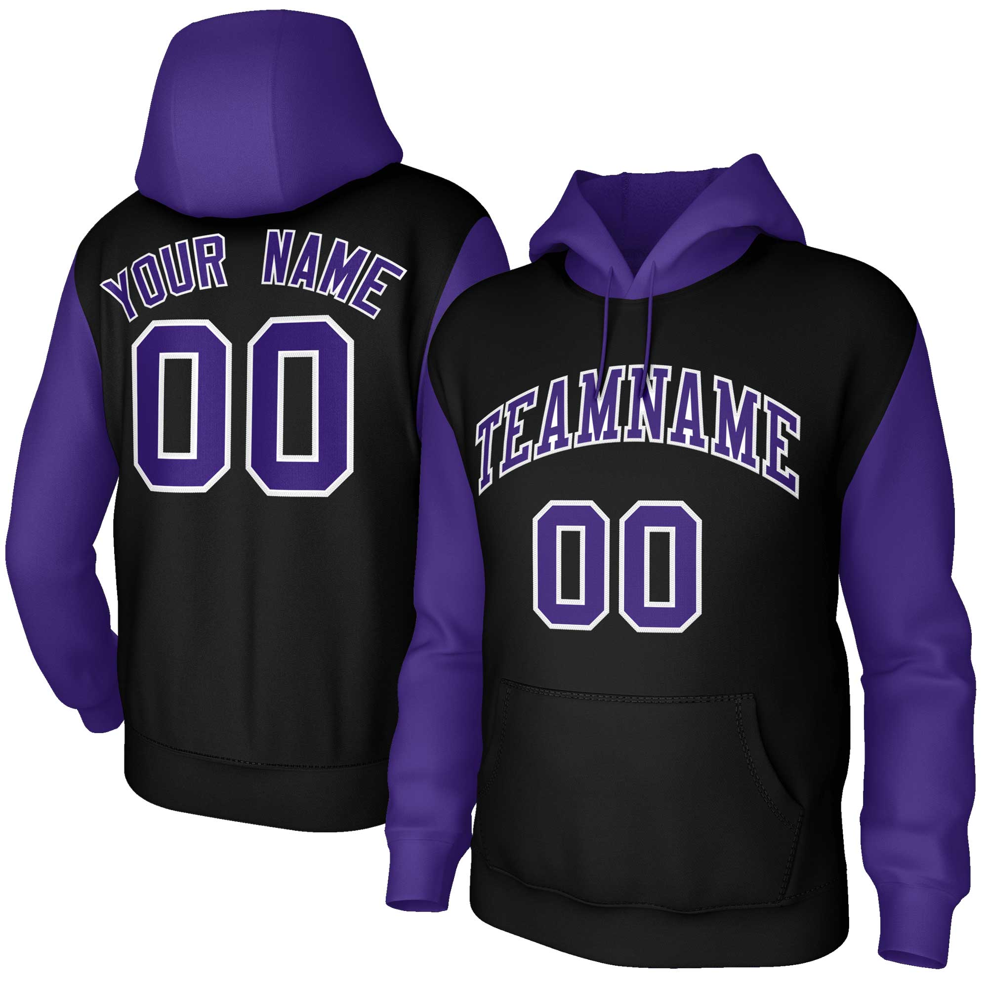 Custom Black Purple-White Raglan Sleeves Stitched Sportwear Pullover Hoodie