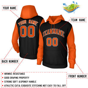 Custom Black Orange-Black Raglan Sleeves Stitched Sportwear Pullover Hoodie