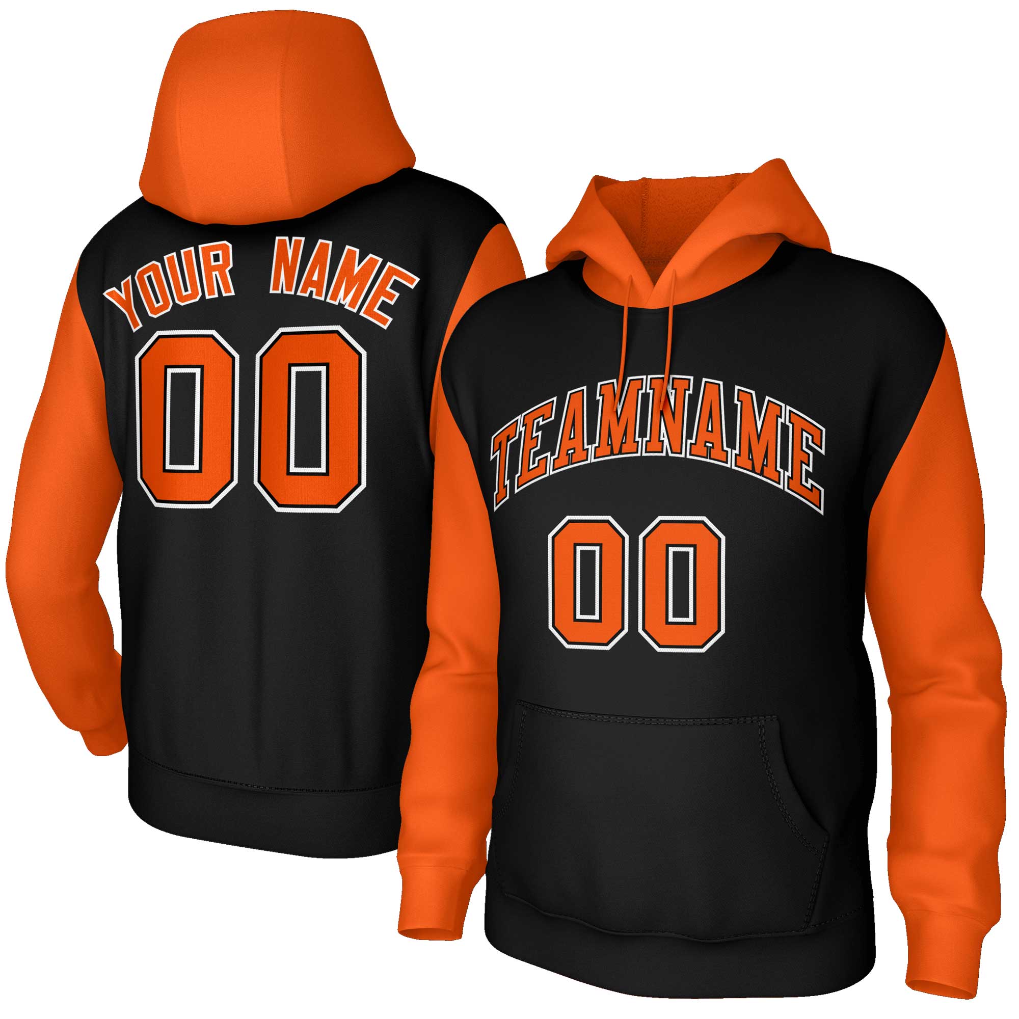 Sweat à capuche personnalisé à manches raglan noir orange-noir cousu Sportwear