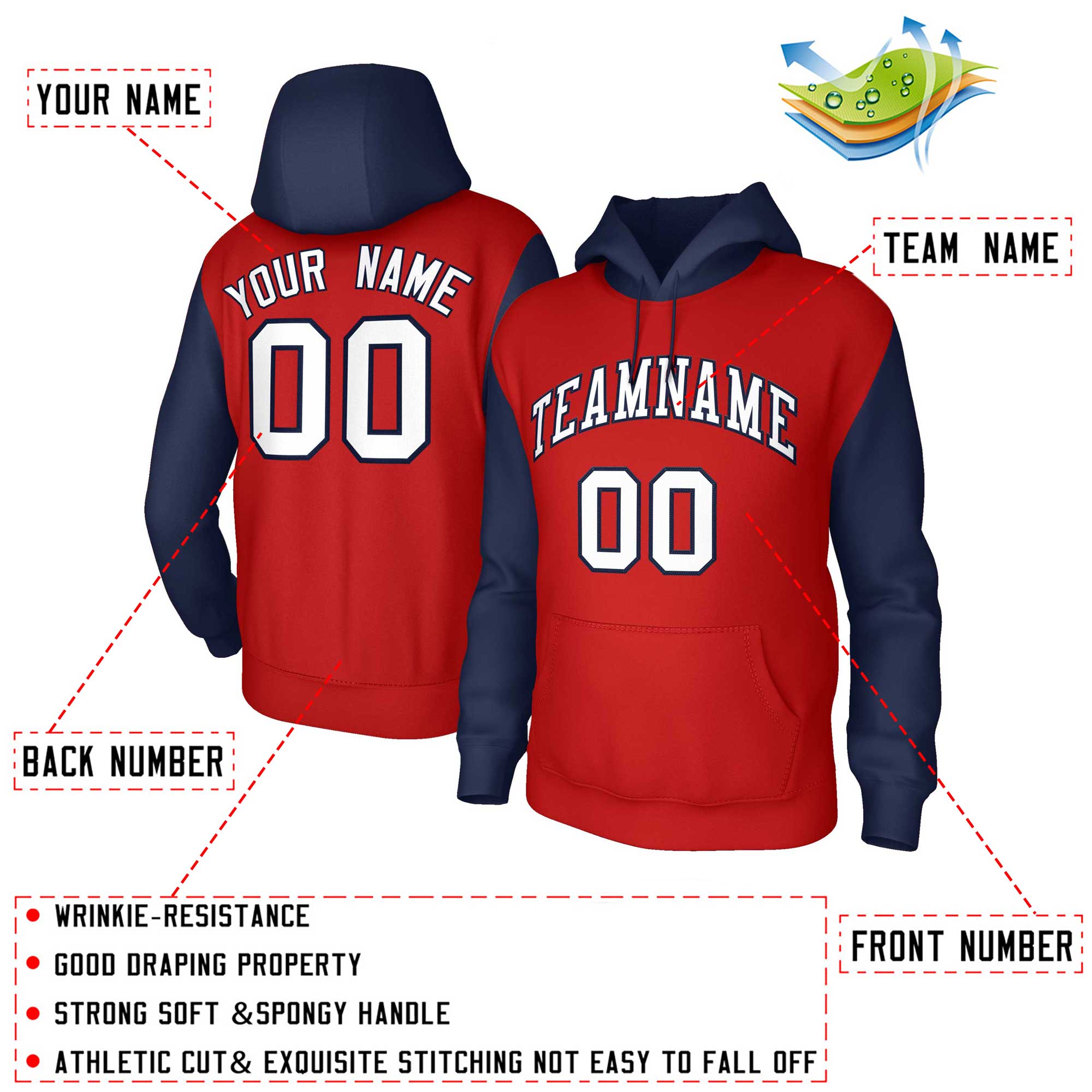 Custom Red Navy-Red Raglan Sleeves Stitched Sportwear Pullover Hoodie