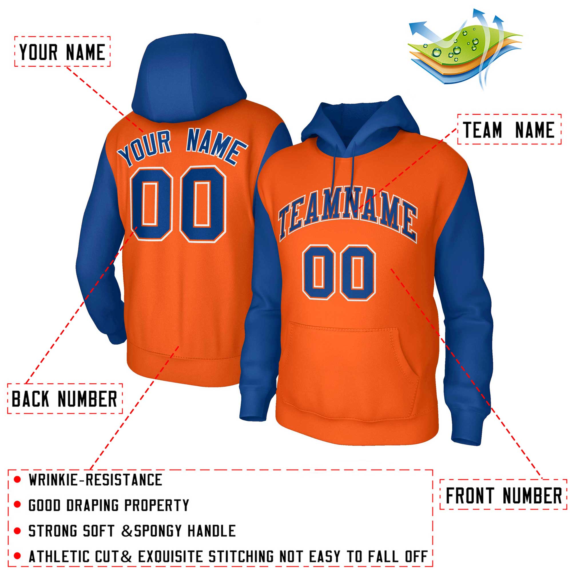 Custom Orange Royal-Orange Raglan Sleeves Stitched Sportwear Pullover Hoodie