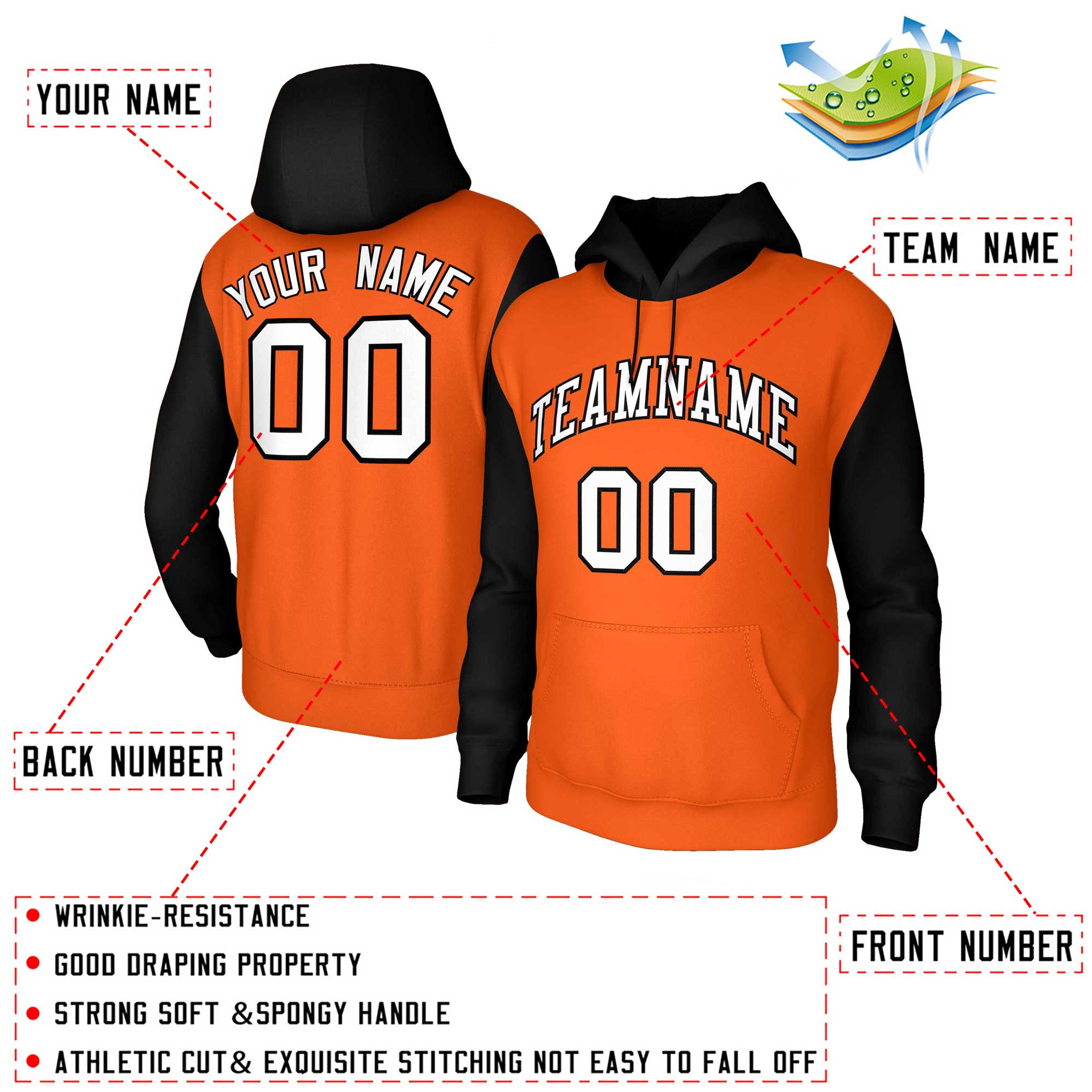 Custom Orange White-Black Raglan Sleeves Stitched Sportwear Pullover Hoodie