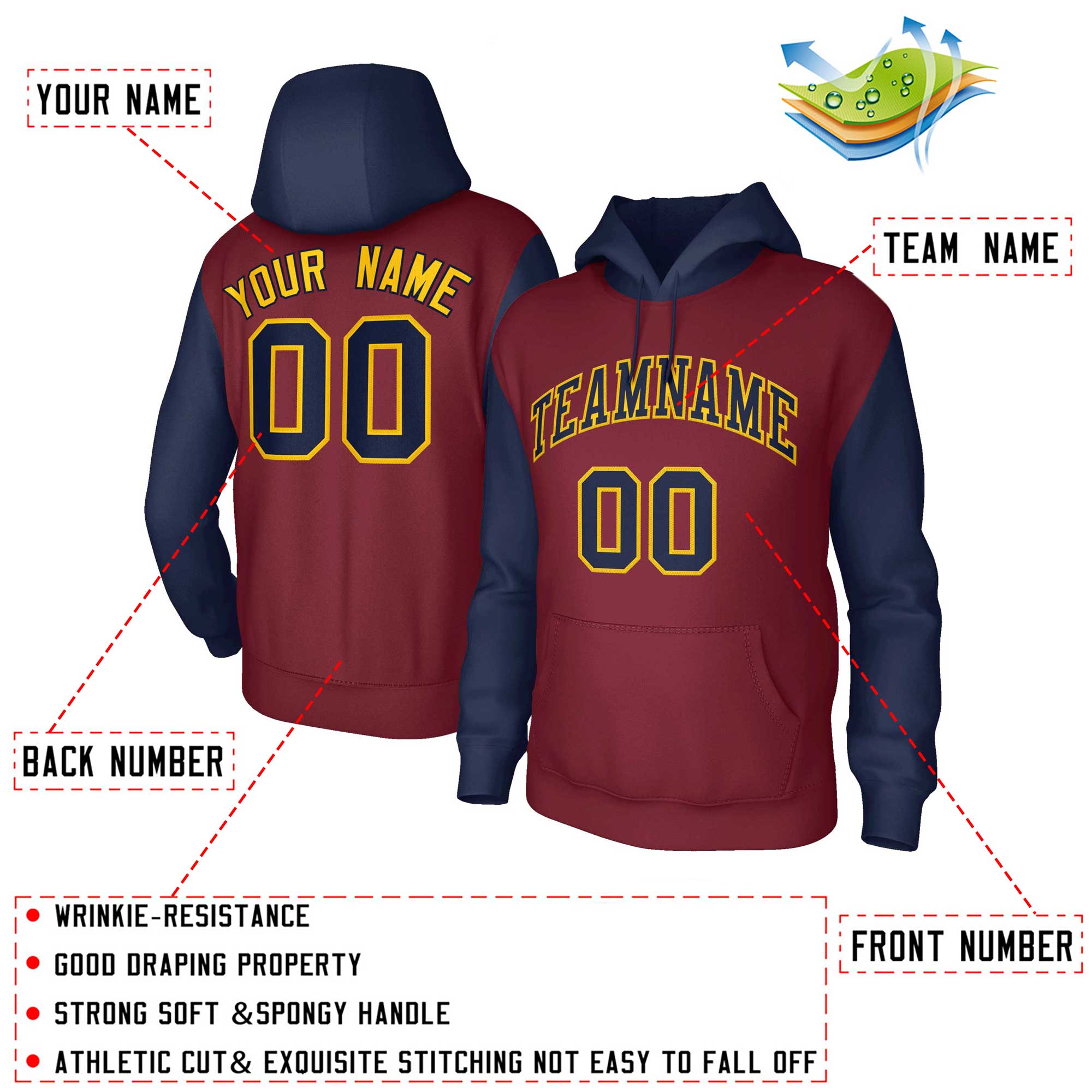 Custom Crimson Navy-Gold Raglan Sleeves Stitched Sportwear Pullover Hoodie