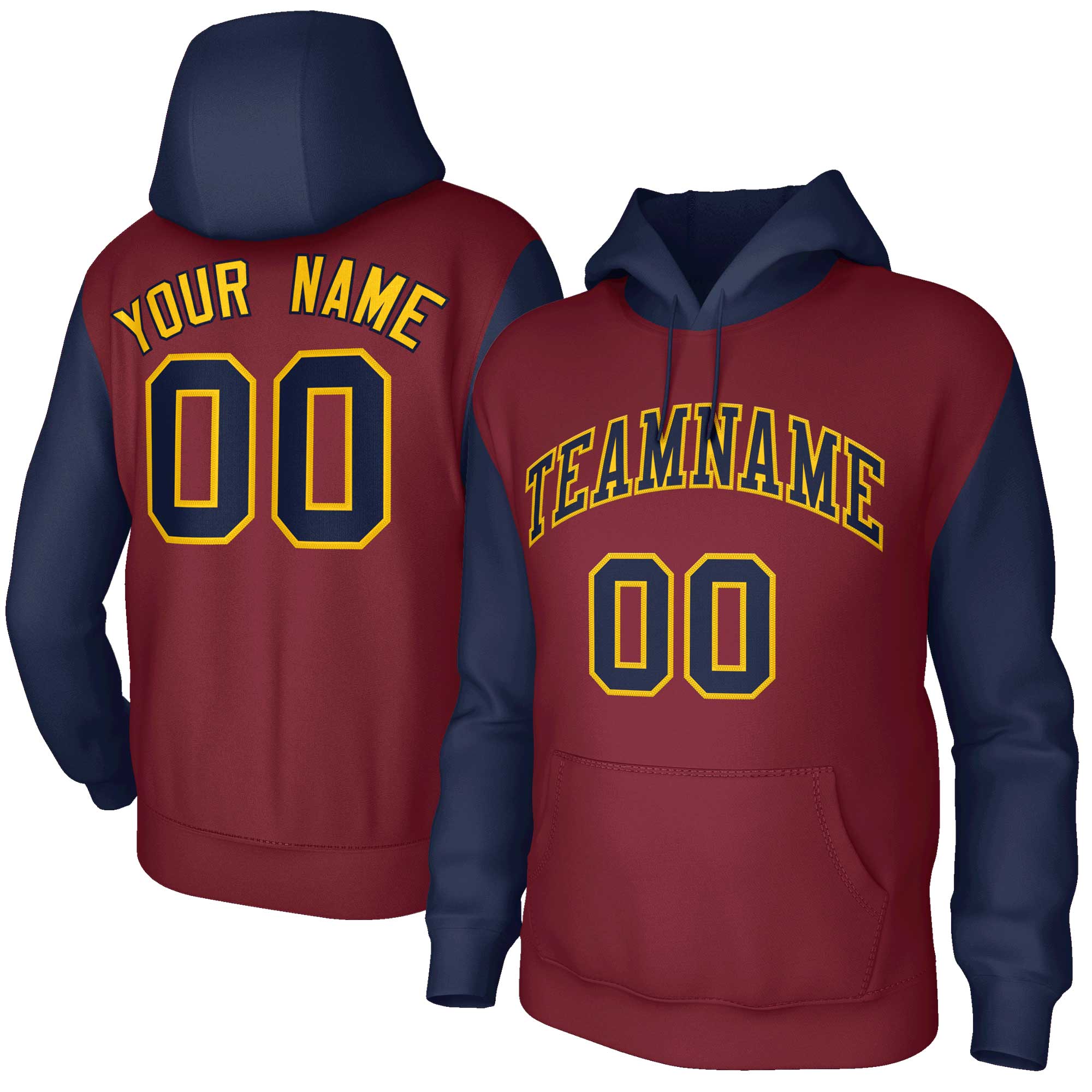 Custom Crimson Navy-Gold Raglan Sleeves Stitched Sportwear Pullover Hoodie