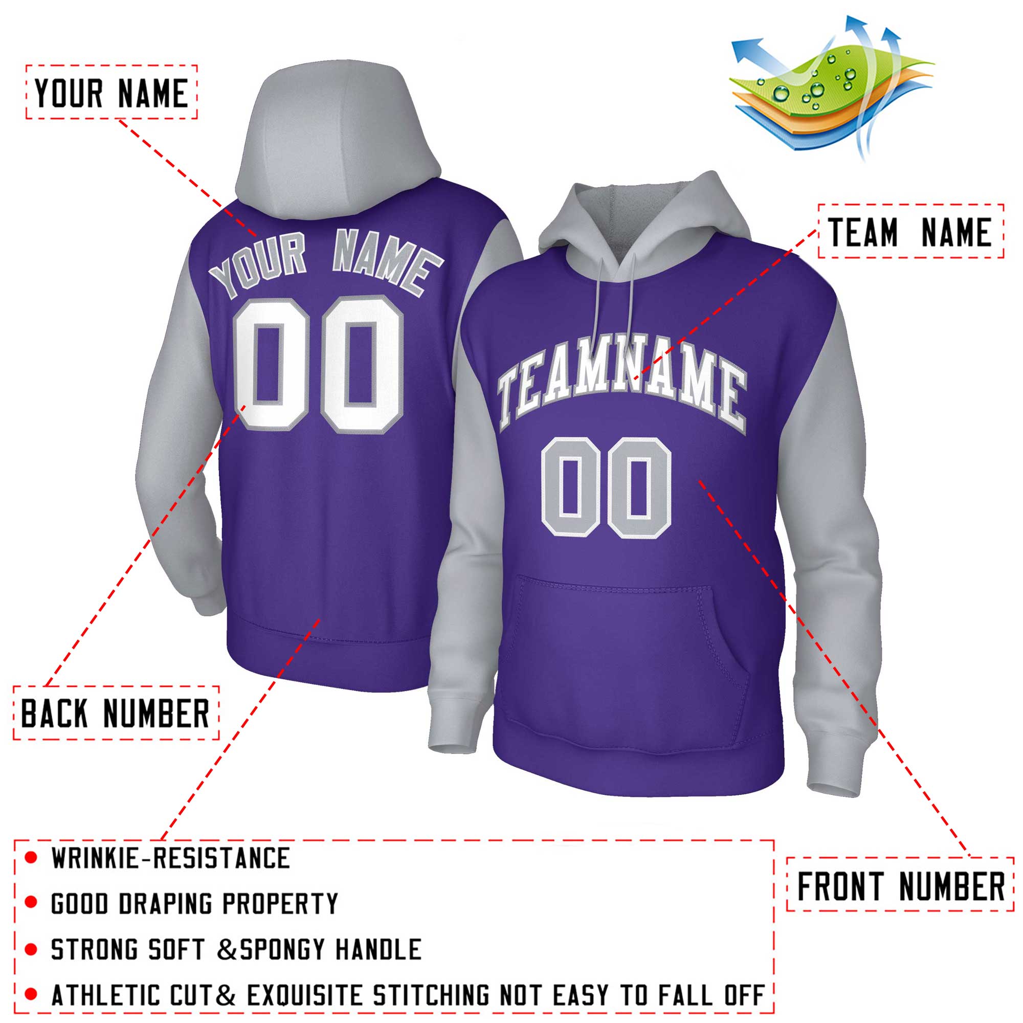 Custom Purple White-Gray Raglan Sleeves Stitched Sportwear Pullover Hoodie