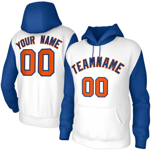 Custom White Royal-Orange Raglan Sleeves Stitched Sportwear Pullover Hoodie