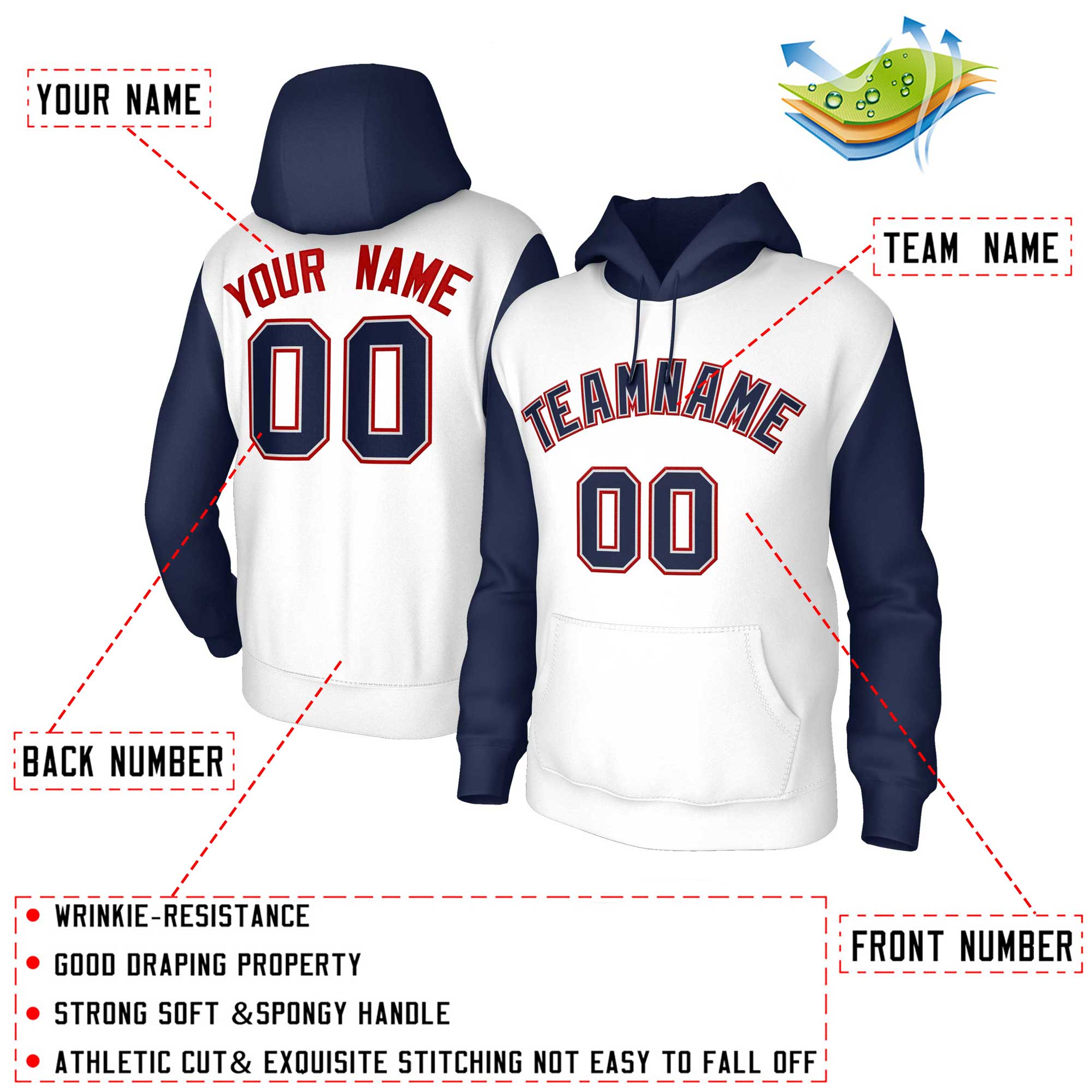 Custom White Navy-Gray Raglan Sleeves Stitched Sportwear Pullover Hoodie