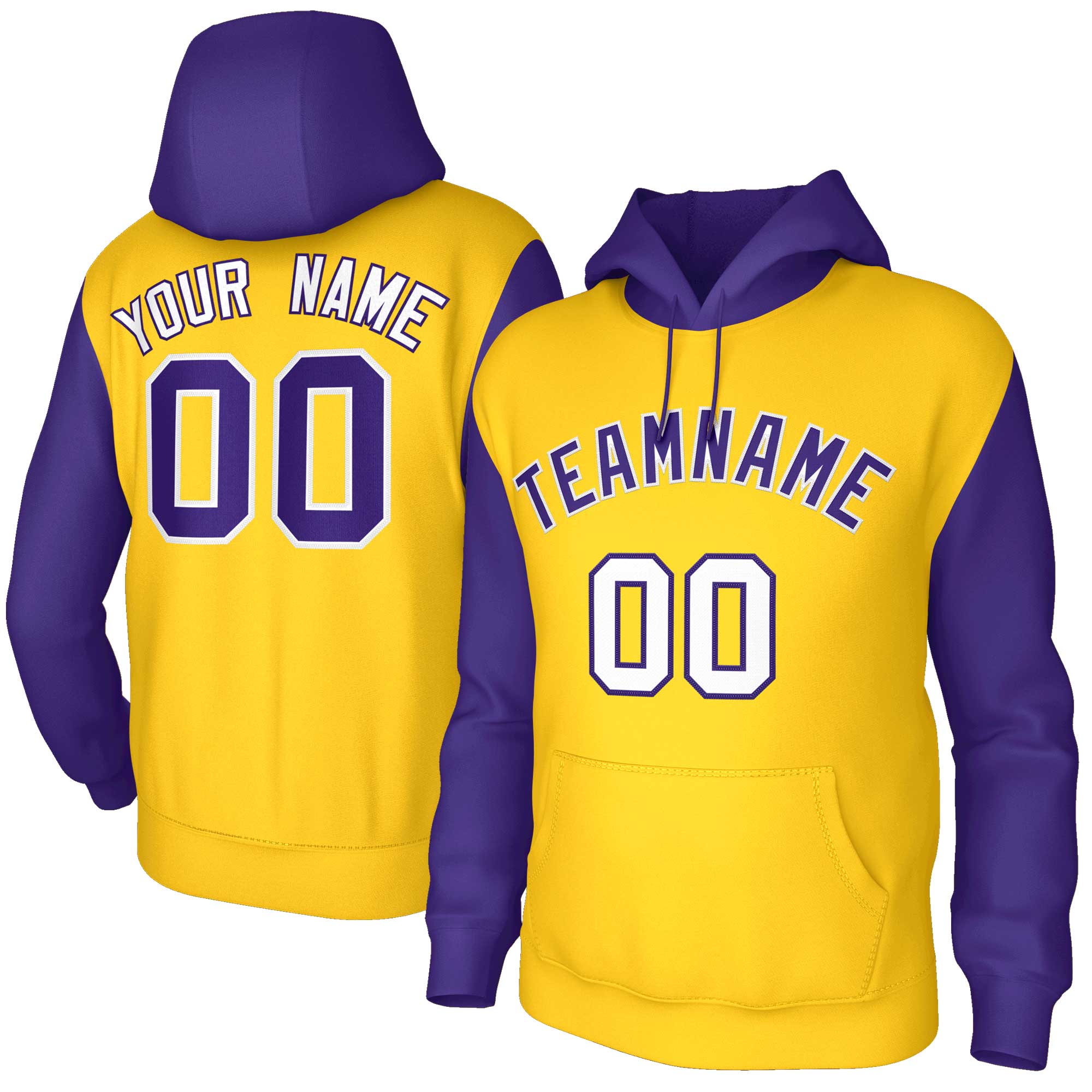 Custom Gold Purple-White Raglan Sleeves Stitched Sportwear Pullover Hoodie