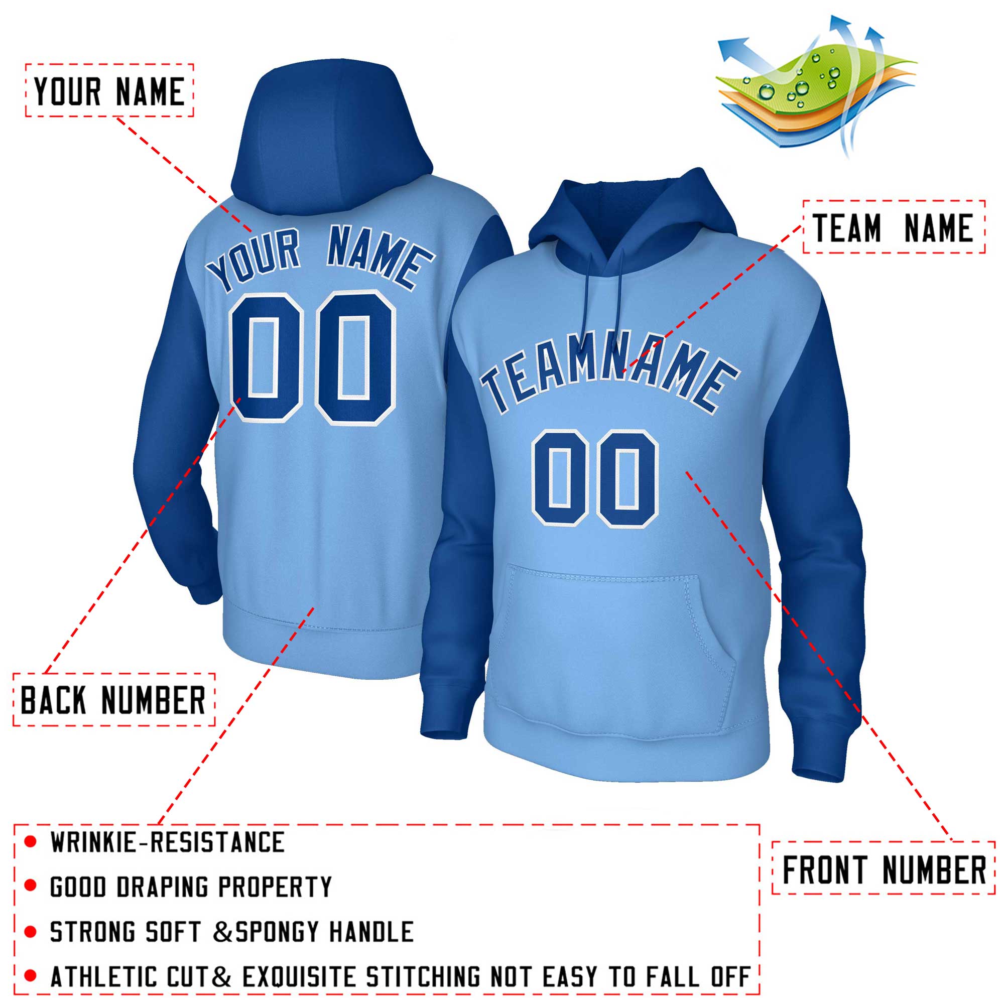 Custom Light Blue Royal-White Raglan Sleeves Stitched Sportwear Pullover Hoodie