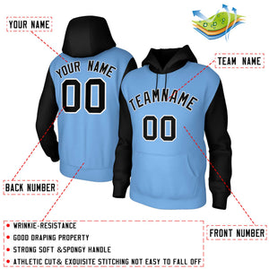 Custom Light Blue Black-White Raglan Sleeves Stitched Sportwear Pullover Hoodie