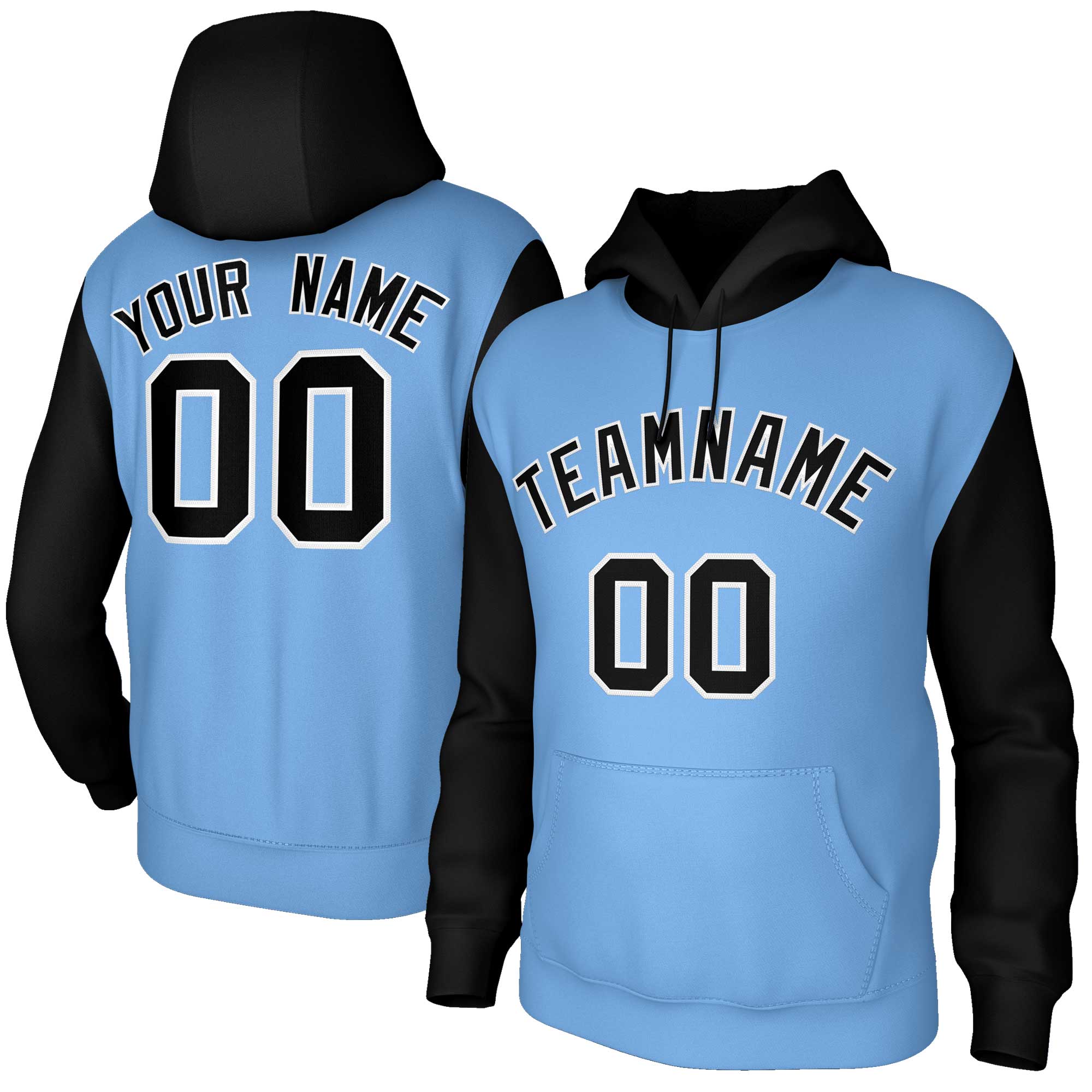 Custom Light Blue Black-White Raglan Sleeves Stitched Sportwear Pullover Hoodie