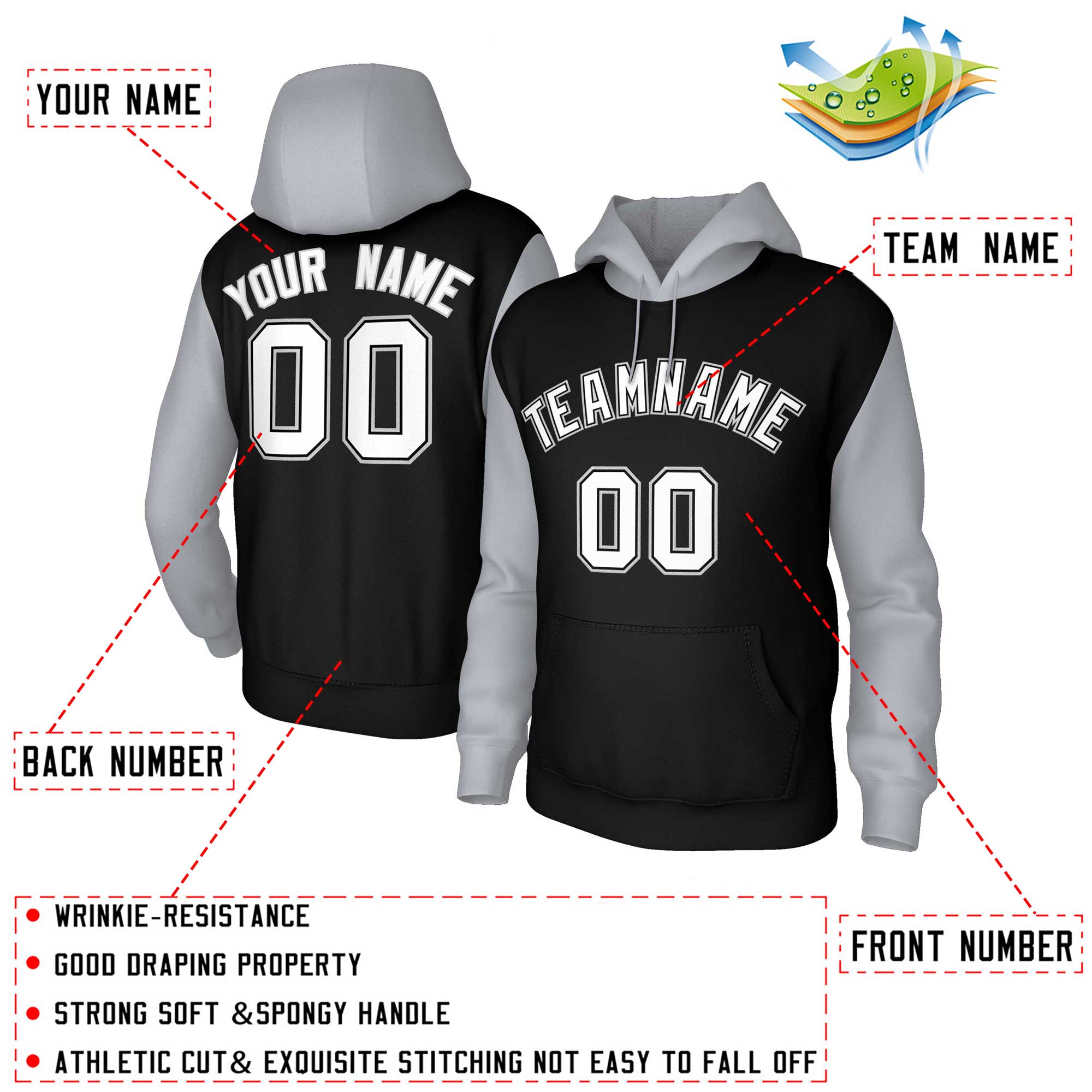 Custom Black White-Black Raglan Sleeves Stitched Sportwear Pullover Hoodie