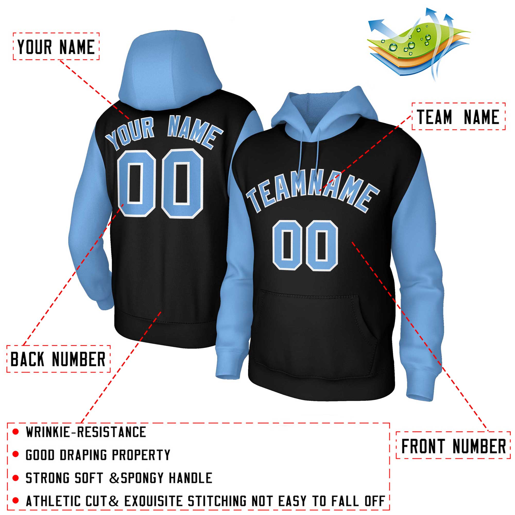 Custom Black Light Blue-White Raglan Sleeves Stitched Sportwear Pullover Hoodie