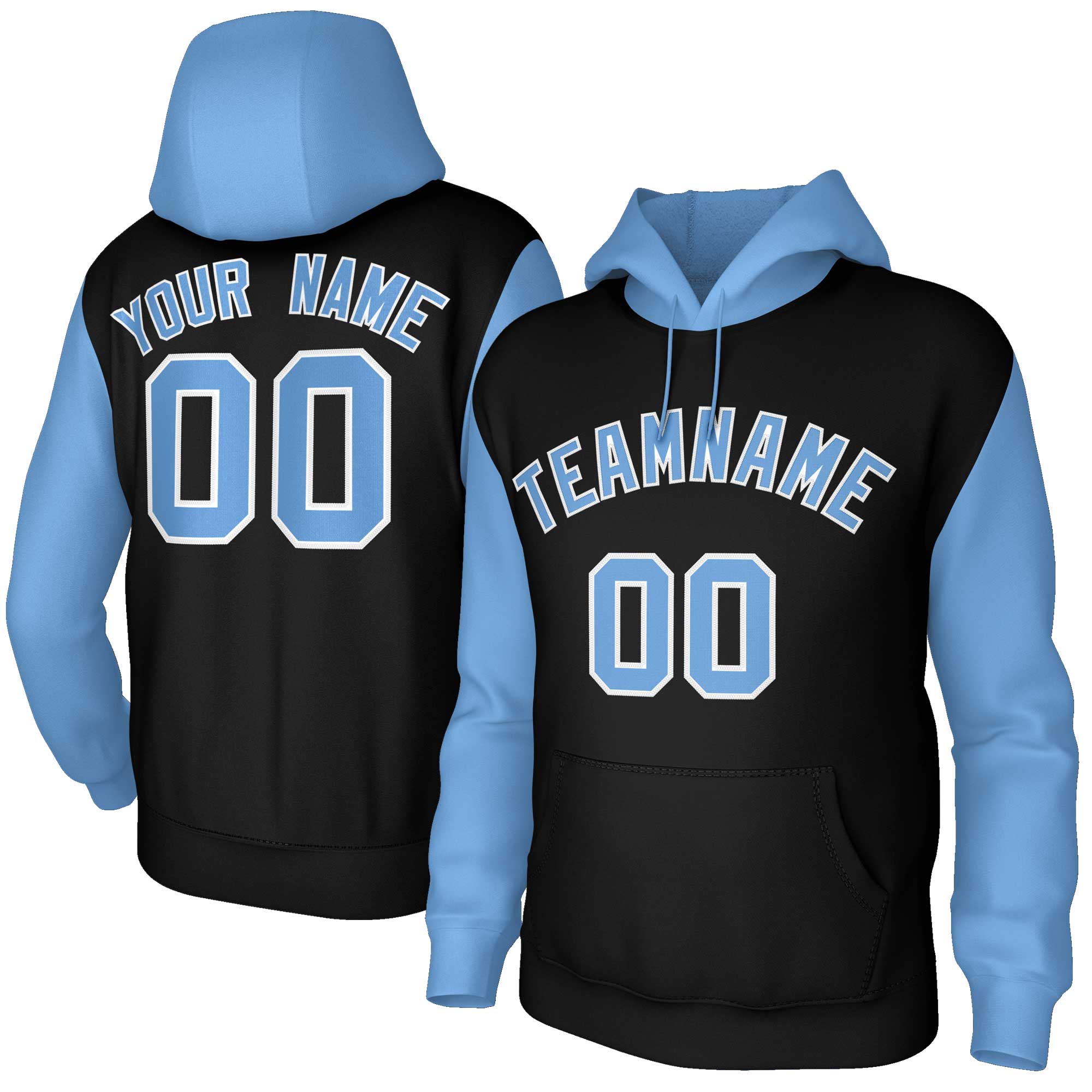 Custom Black Light Blue-White Raglan Sleeves Stitched Sportwear Pullover Hoodie