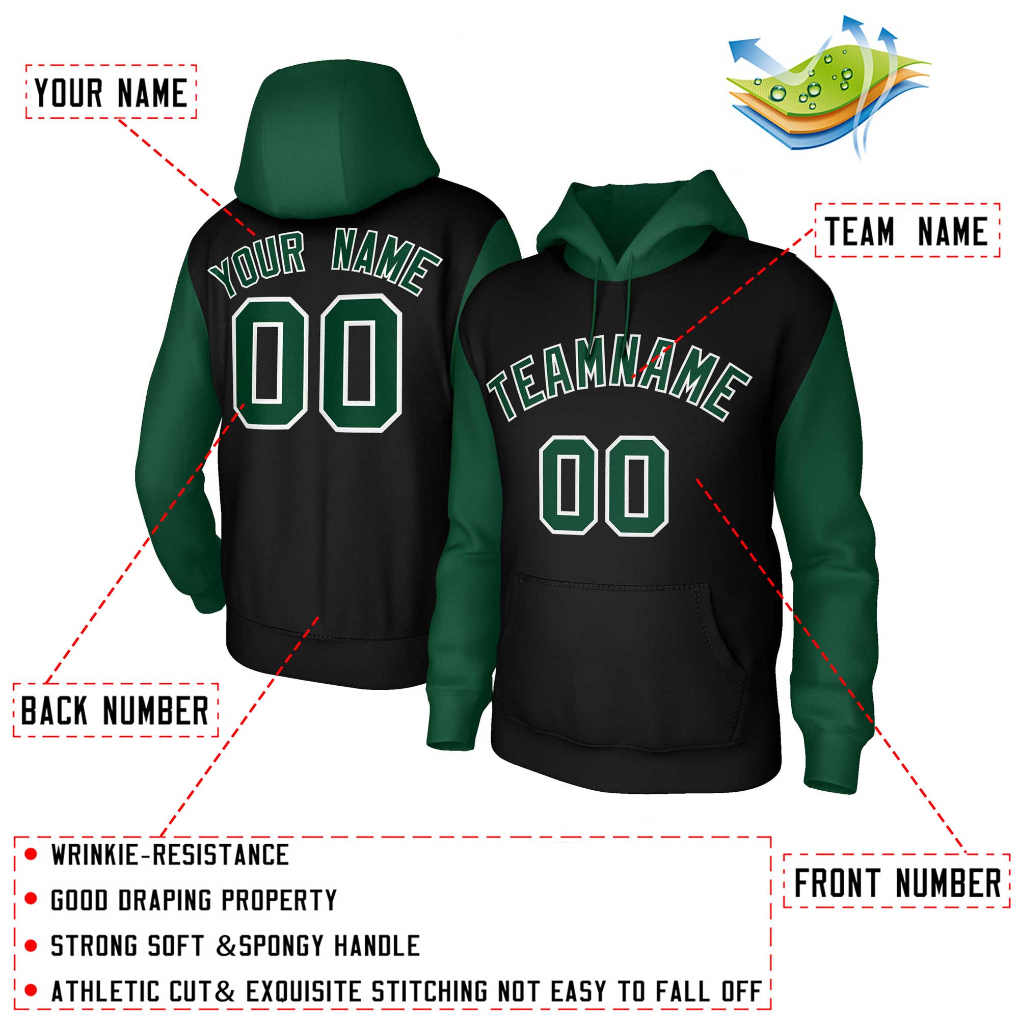 Custom Black Green-White Raglan Sleeves Stitched Sportwear Pullover Hoodie