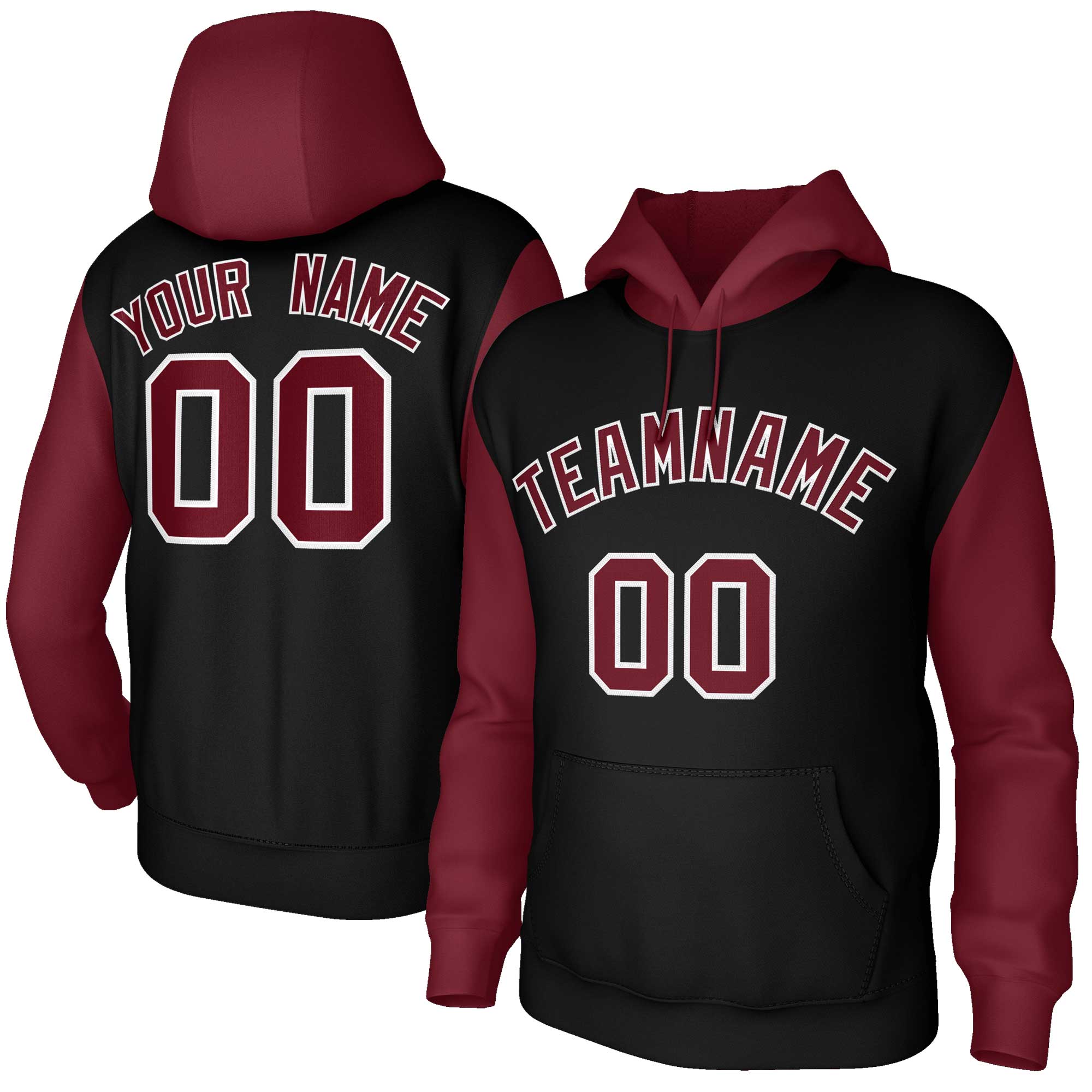 Custom Black Crimson-White Raglan Sleeves Stitched Sportwear Pullover Hoodie