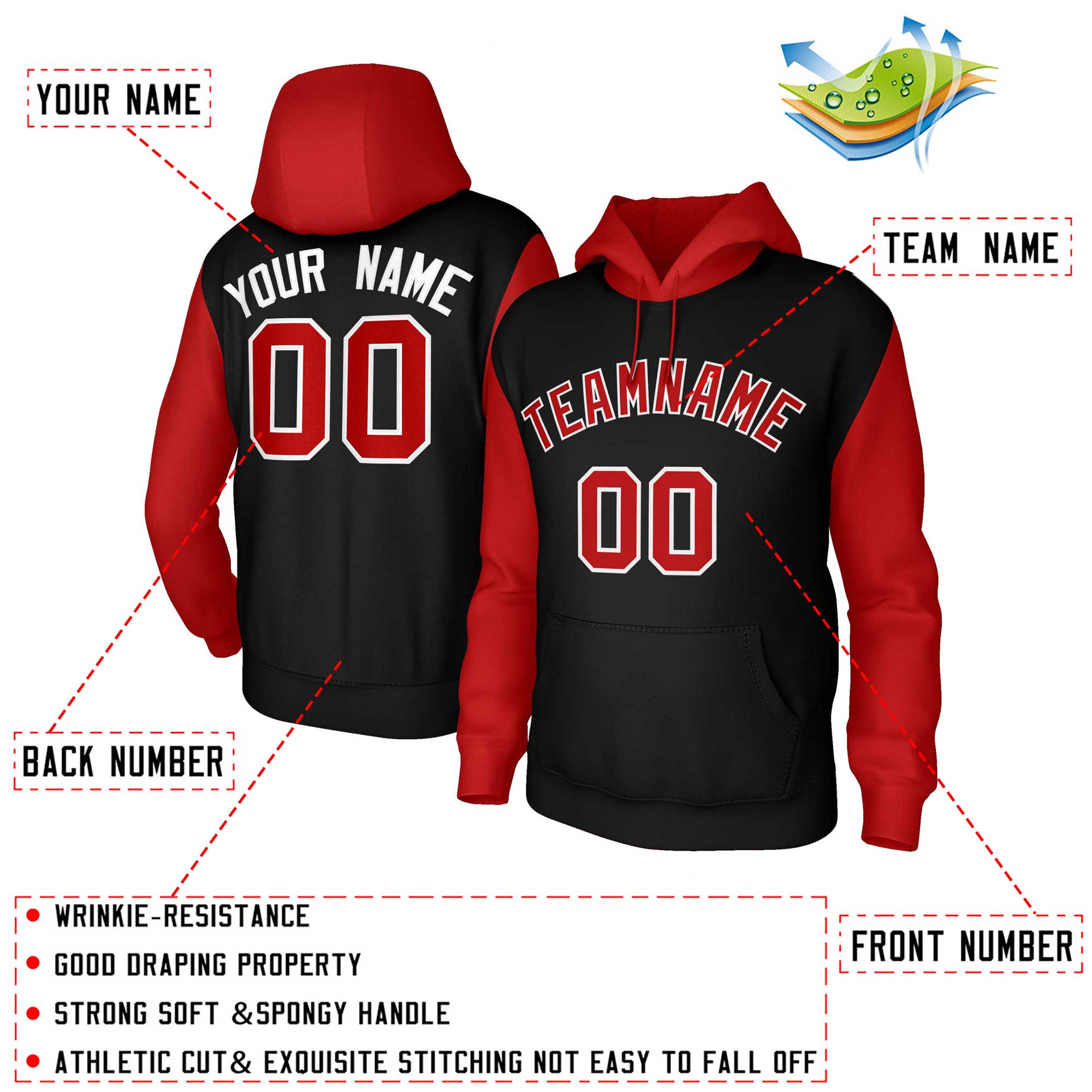 Custom Black Red-White Raglan Sleeves Stitched Sportwear Pullover Hoodie