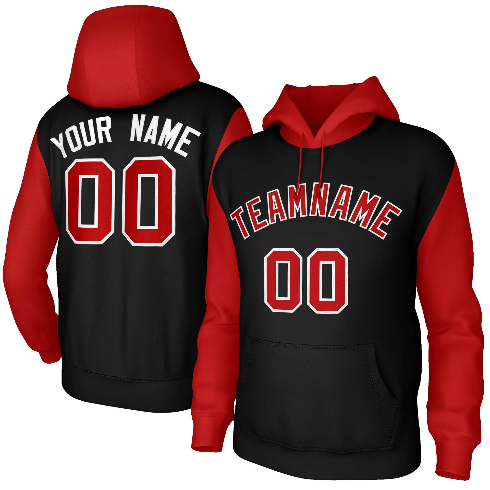 Custom Black Red-White Raglan Sleeves Stitched Sportwear Pullover Hoodie