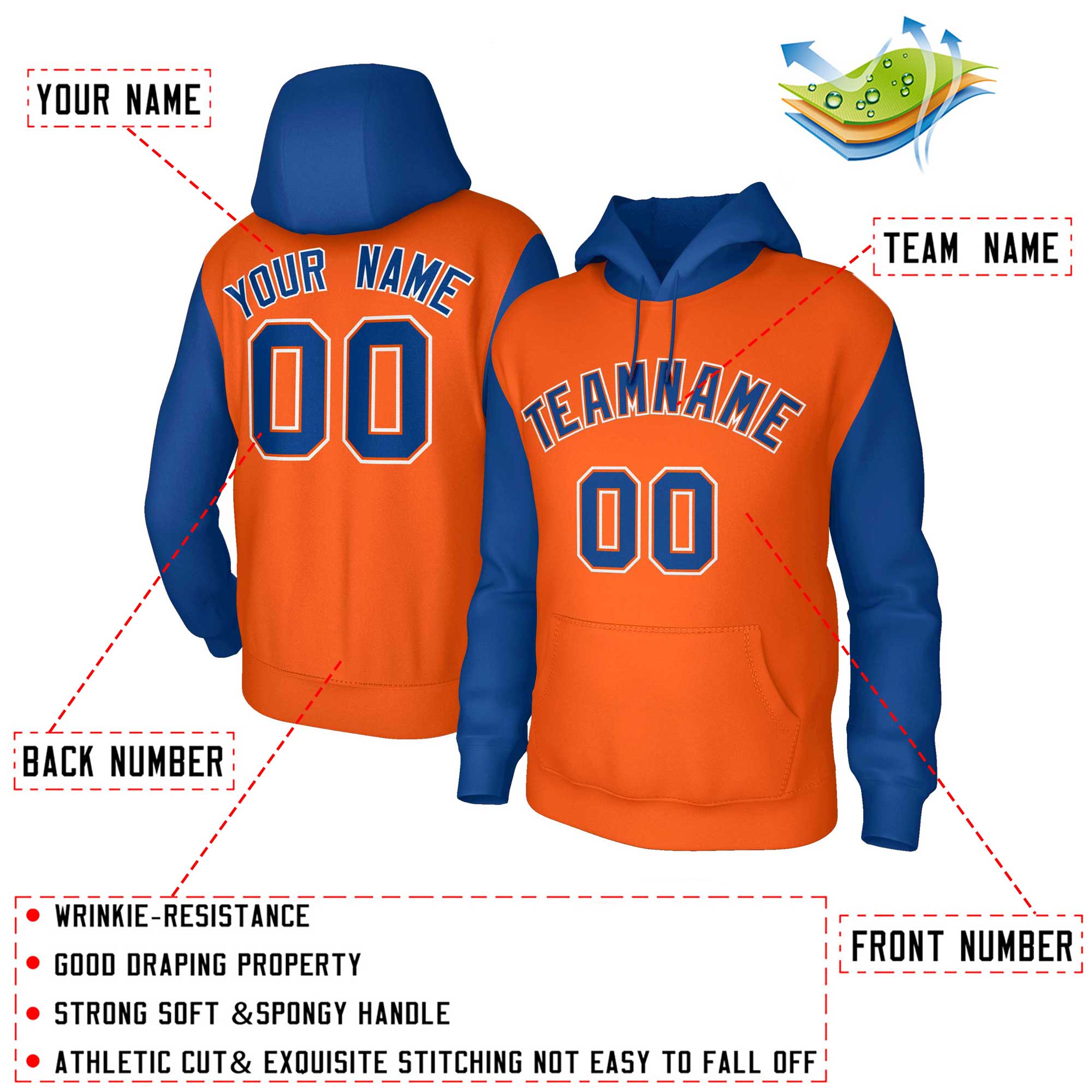 Custom Orange Royal-Orange Raglan Sleeves Stitched Sportwear Pullover Hoodie