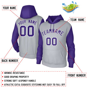 Custom Gray Purple-White Raglan Sleeves Stitched Sportwear Pullover Hoodie