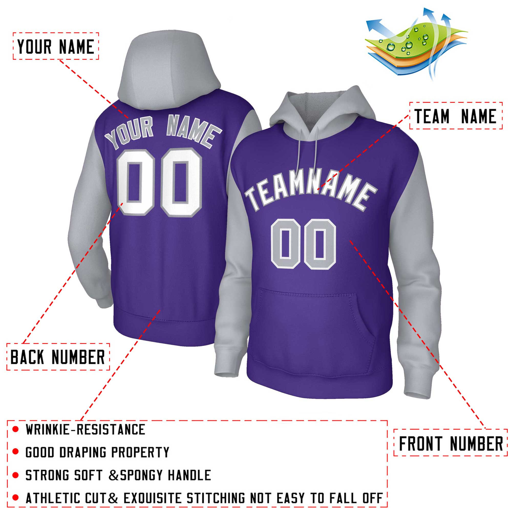 Custom Purple White-Gray Raglan Sleeves Stitched Sportwear Pullover Hoodie